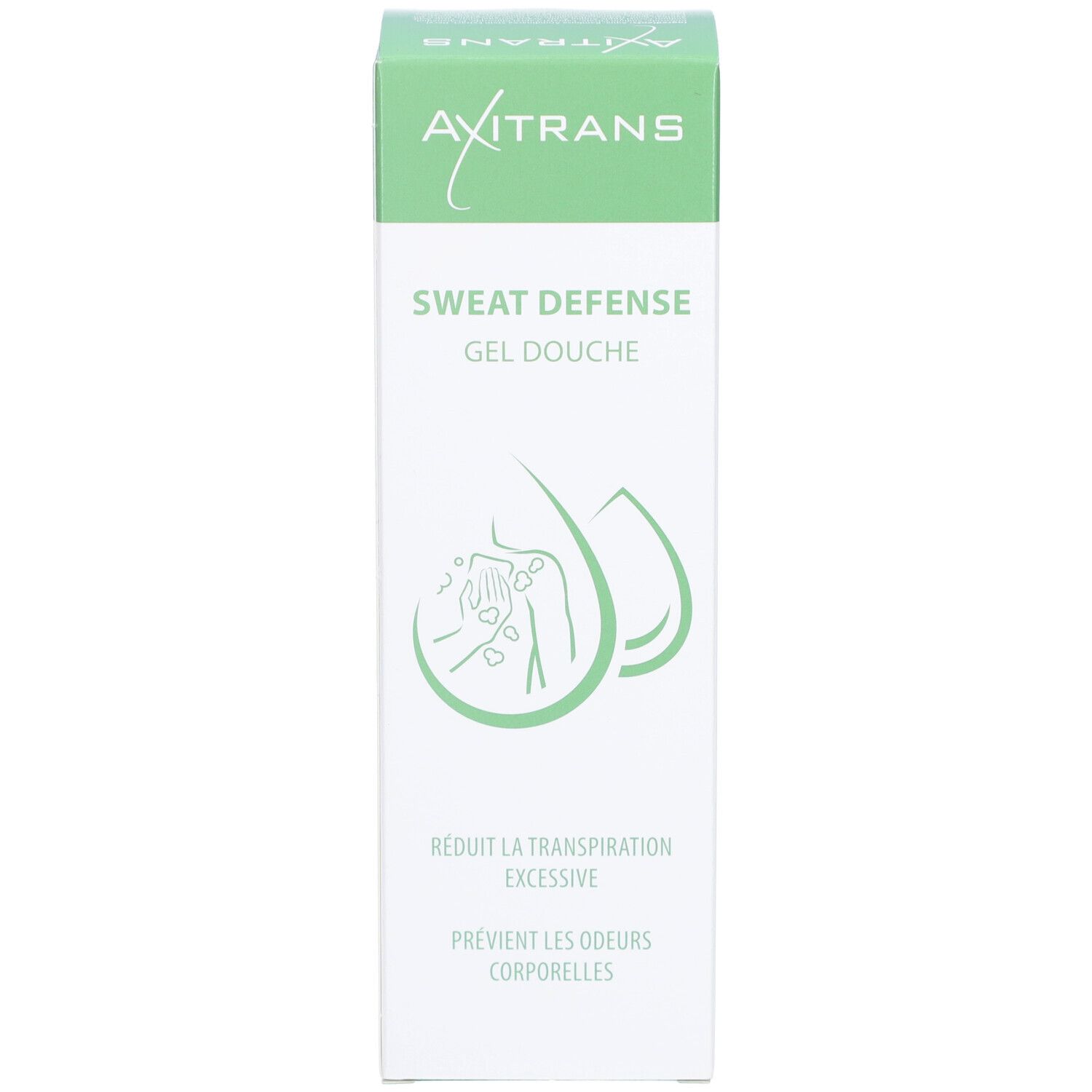 Emballage Axitrans Sweat Defense Gel Douche. Blanc et vert. Texte: Sweat Defense, Gel Douche.