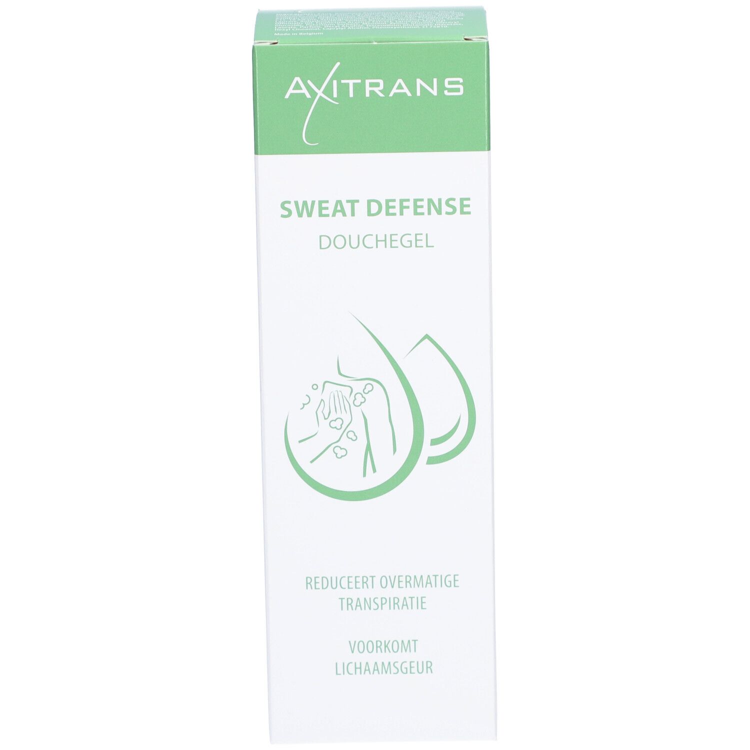 Emballage Axitrans Sweat Defense Douchegel. Blanc et vert. Texte: Sweat Defense, Douchegel.