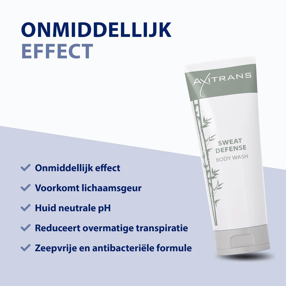 Axitrans Sweat Defense douchegel tube. Wit, groen logo en bamboe decoratie.