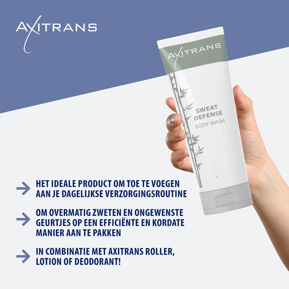 Axitrans Sweat Defense douchegel tube. Wit, groen logo en tekst. Op blauwe achtergrond.