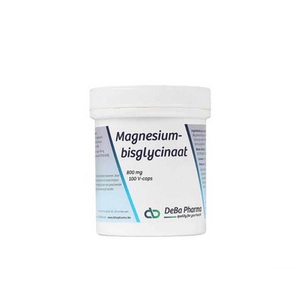 Witte pot met deksel. Opschrift: Magnesiumbisglycinaat 800 mg, 100 V-caps. DeBa Pharma logo.