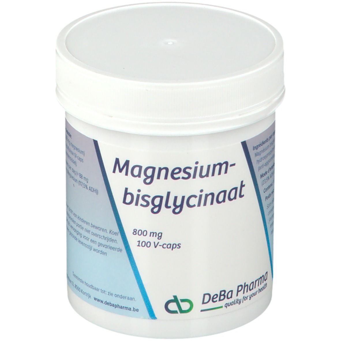 Witte pot met deksel. Opschrift: Magnesiumbisglycinaat 800 mg, 100 V-caps. DeBa Pharma logo.