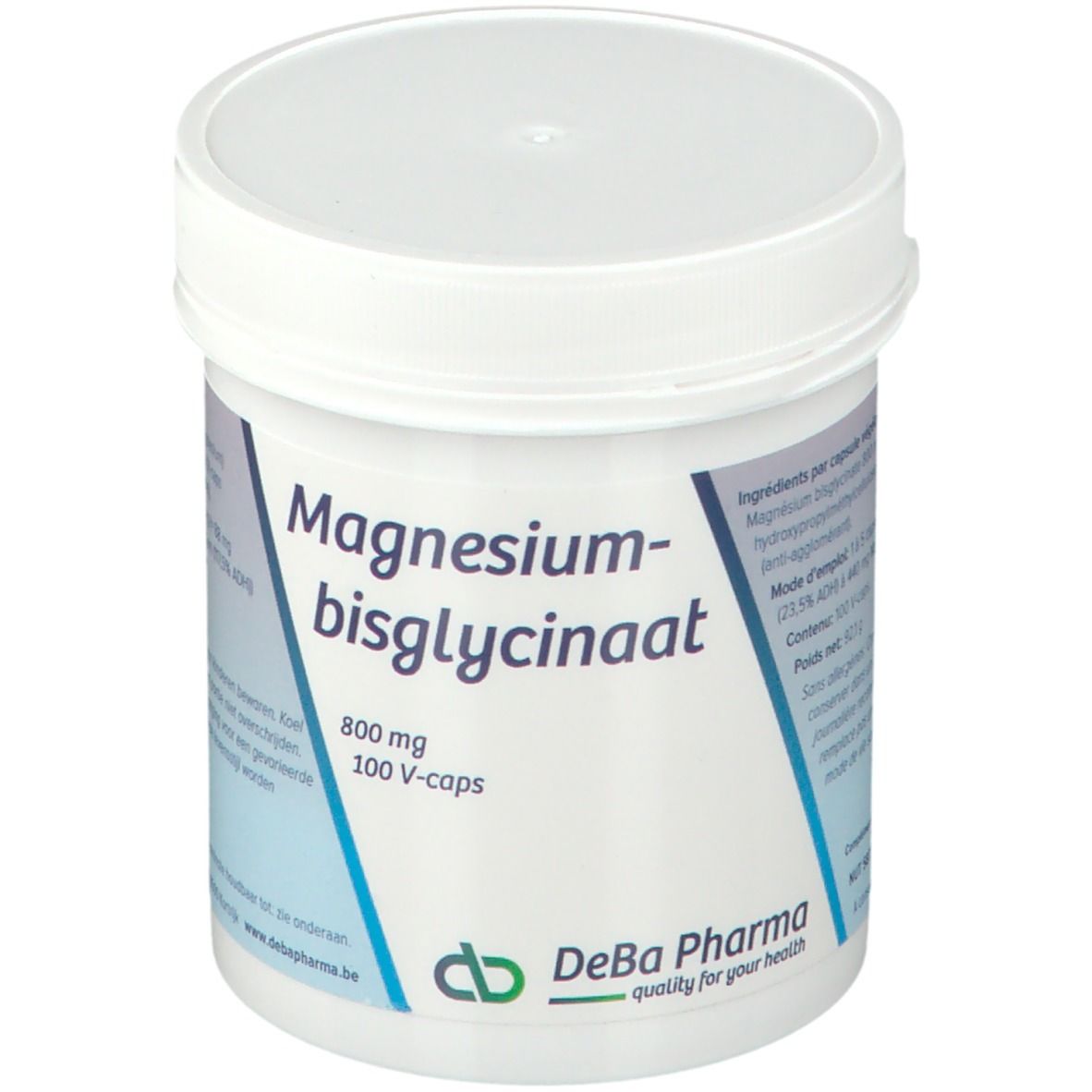Witte pot met deksel. Opschrift: Magnesiumbisglycinaat 800 mg, 100 V-caps. DeBa Pharma logo.