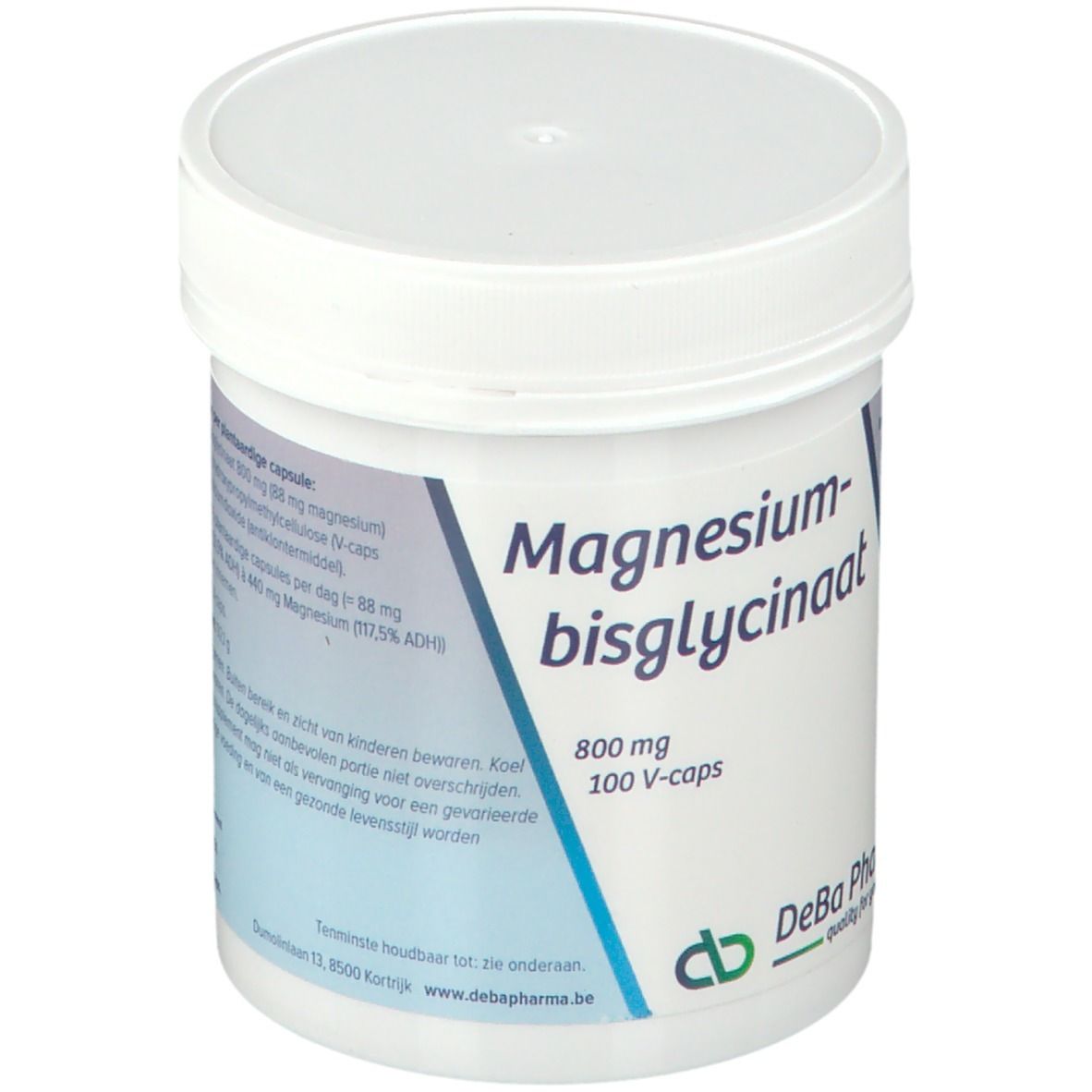 Witte pot met deksel. Opschrift: Magnesiumbisglycinaat 800 mg, 100 V-caps. DeBa Pharma logo.