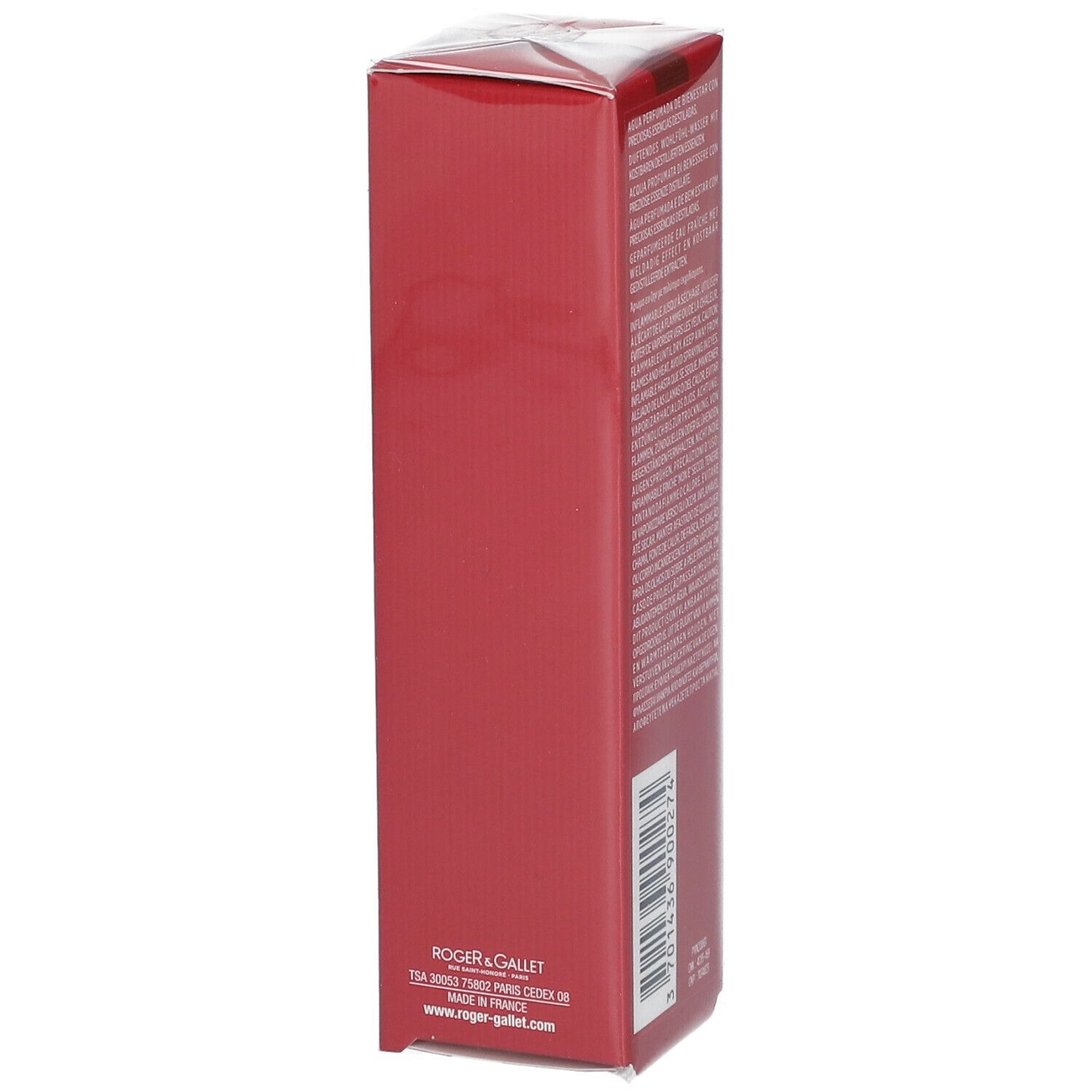 Rode doos, achterkant met tekst en barcode. Logo en tekst 'Roger & Gallet'.