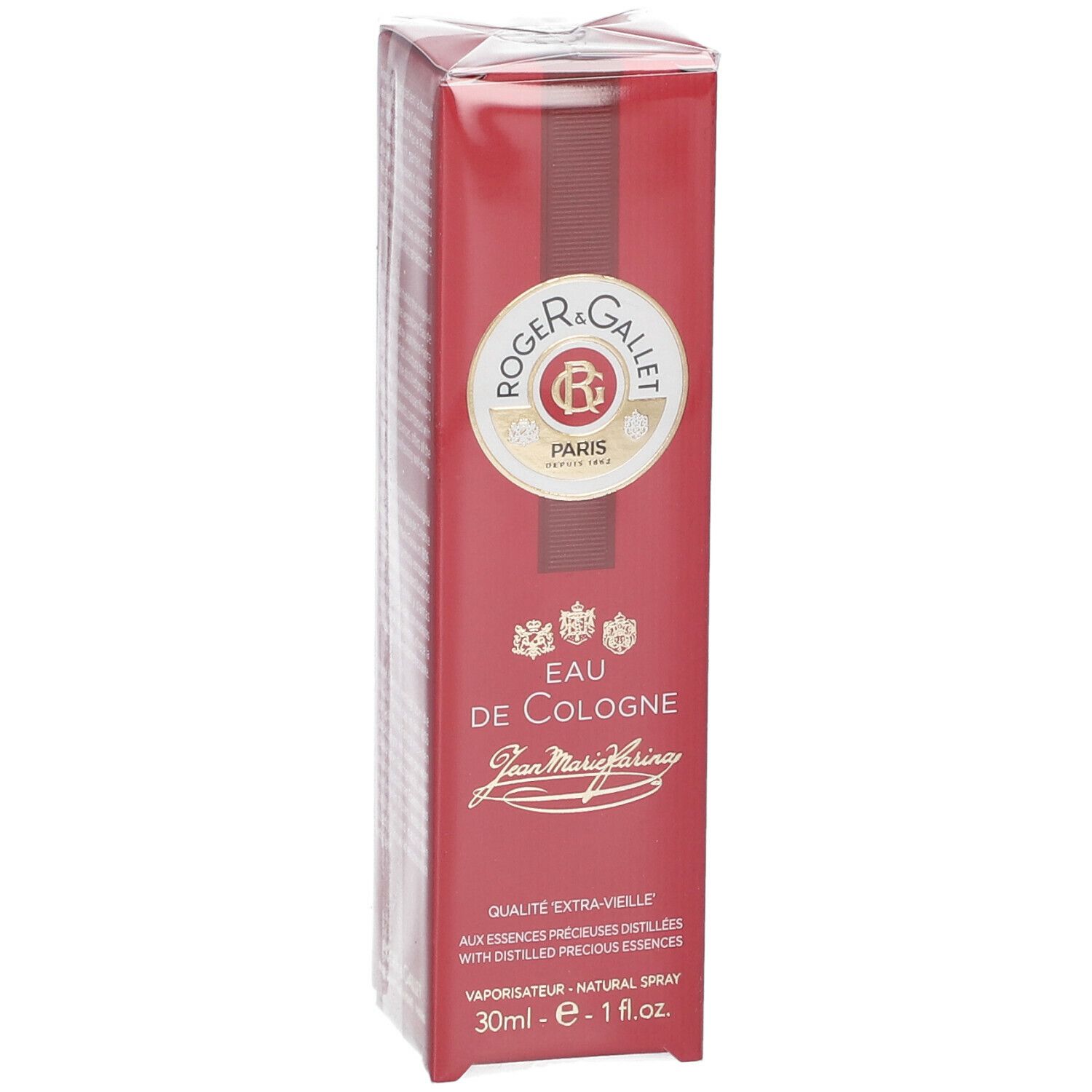 Rode doos met productinformatie. Logo en tekst 'Eau de Cologne'. Onderaan staat '30ml - e - 1 fl.oz'.