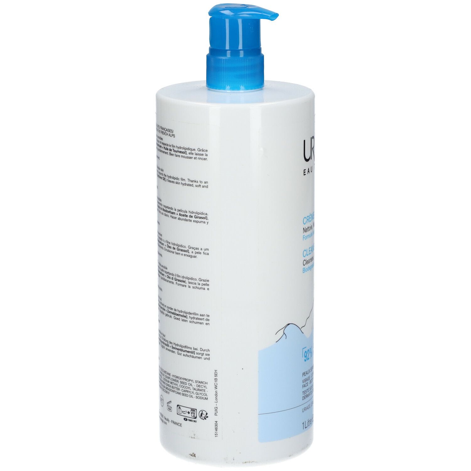 Dos du flacon de crème lavante Uriage avec texte. Pompe bleue, étiquette blanche.