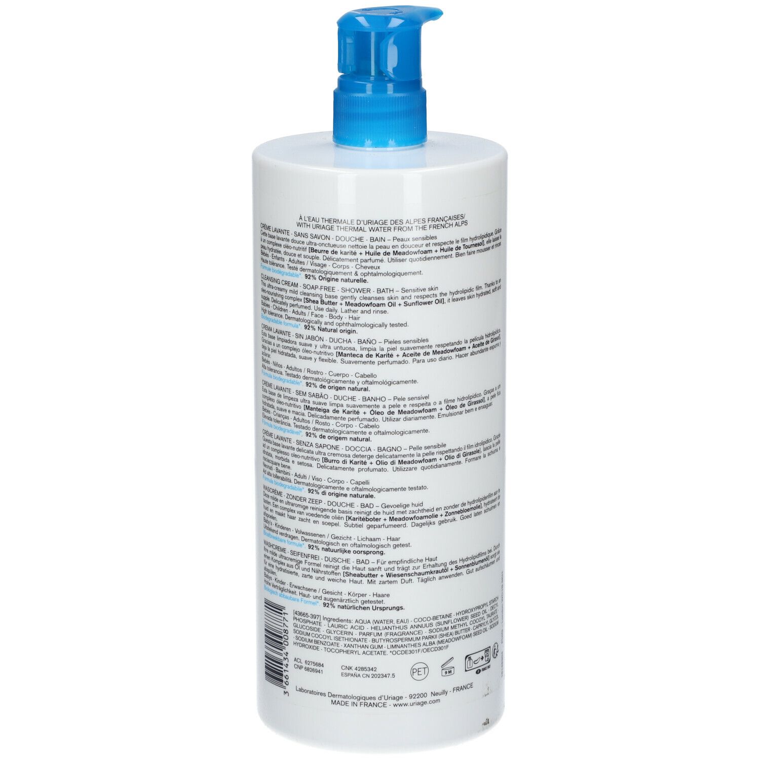 Dos du flacon de crème lavante Uriage avec texte. Pompe bleue, étiquette blanche.