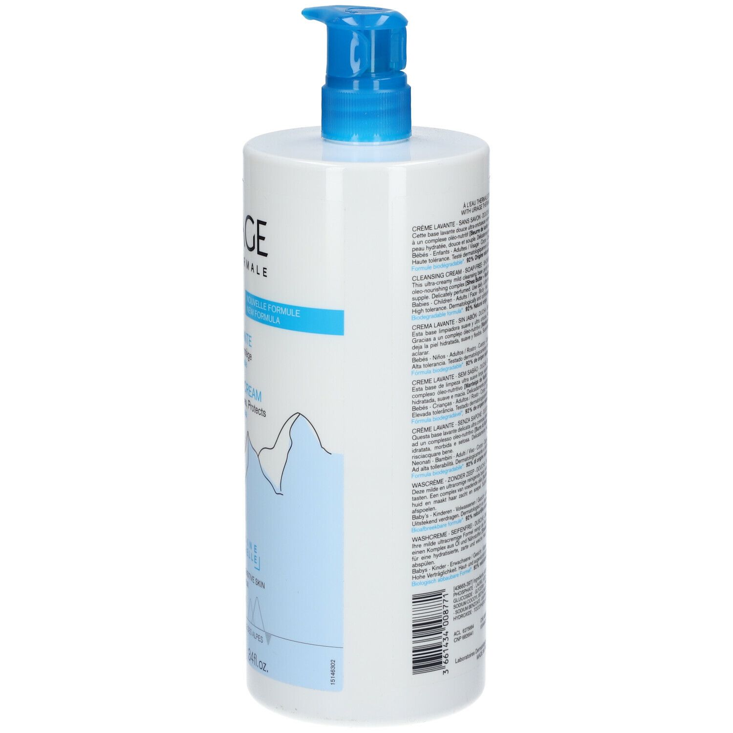 Dos du flacon de crème lavante Uriage avec texte. Pompe bleue, étiquette blanche.