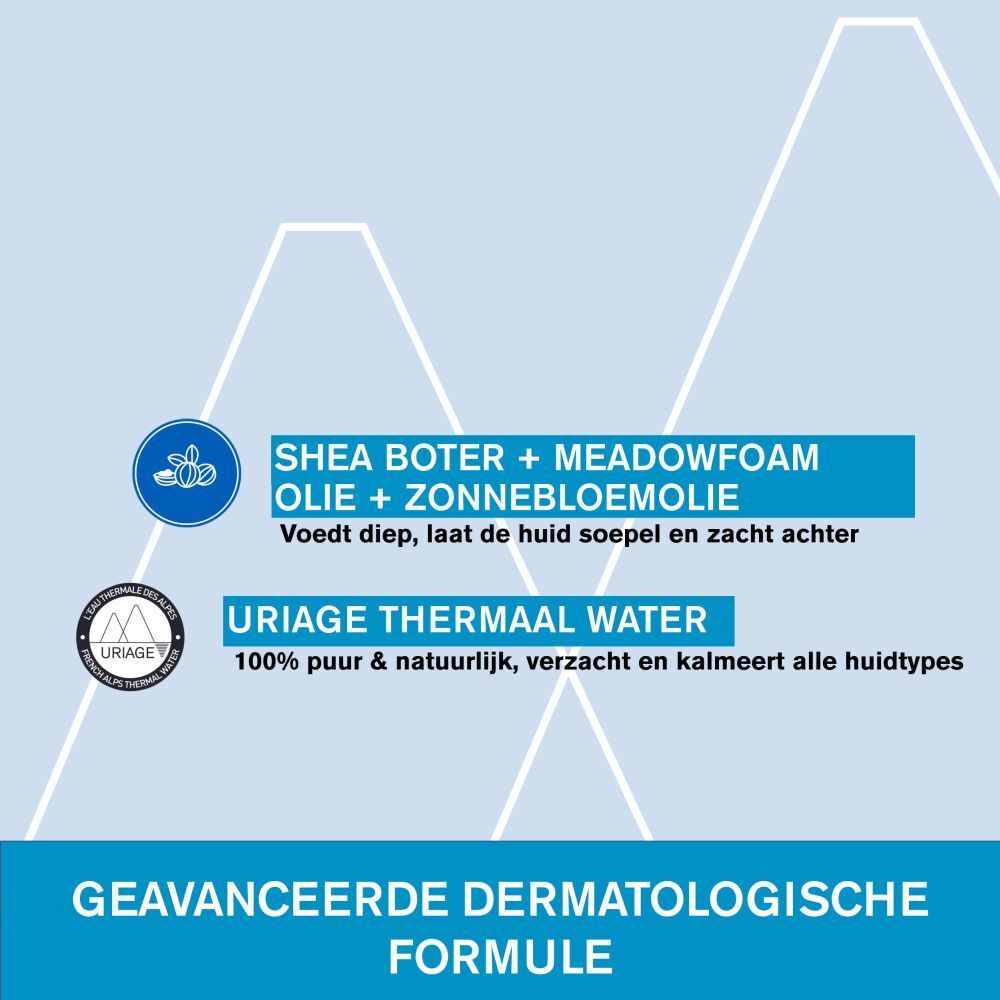 Grafiek met tekst: Shea boter + zonnebloemolie, Uriage Thermaal Water. Dermatologische formule.