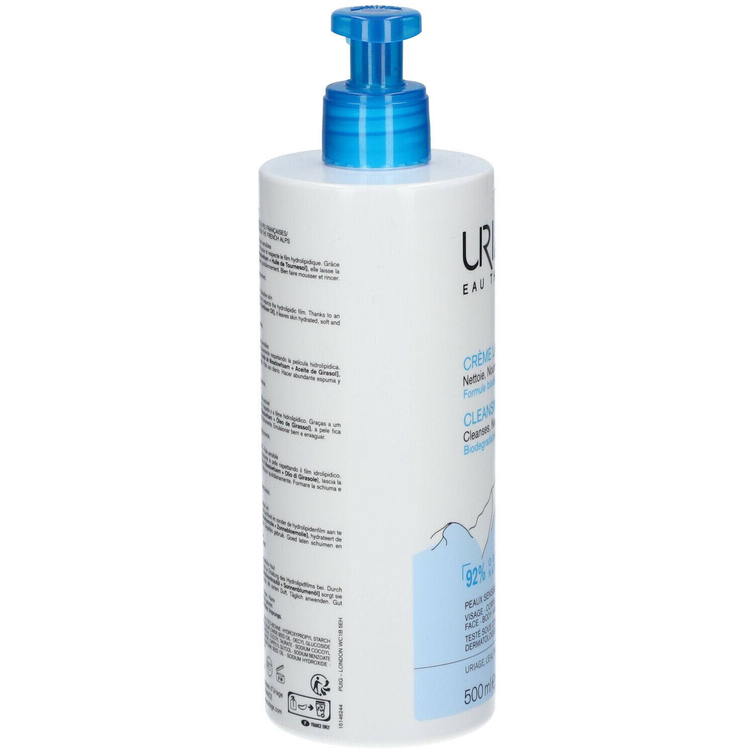 Achterkant van de witte dispenser met blauwe pomp. Tekst en logo's.