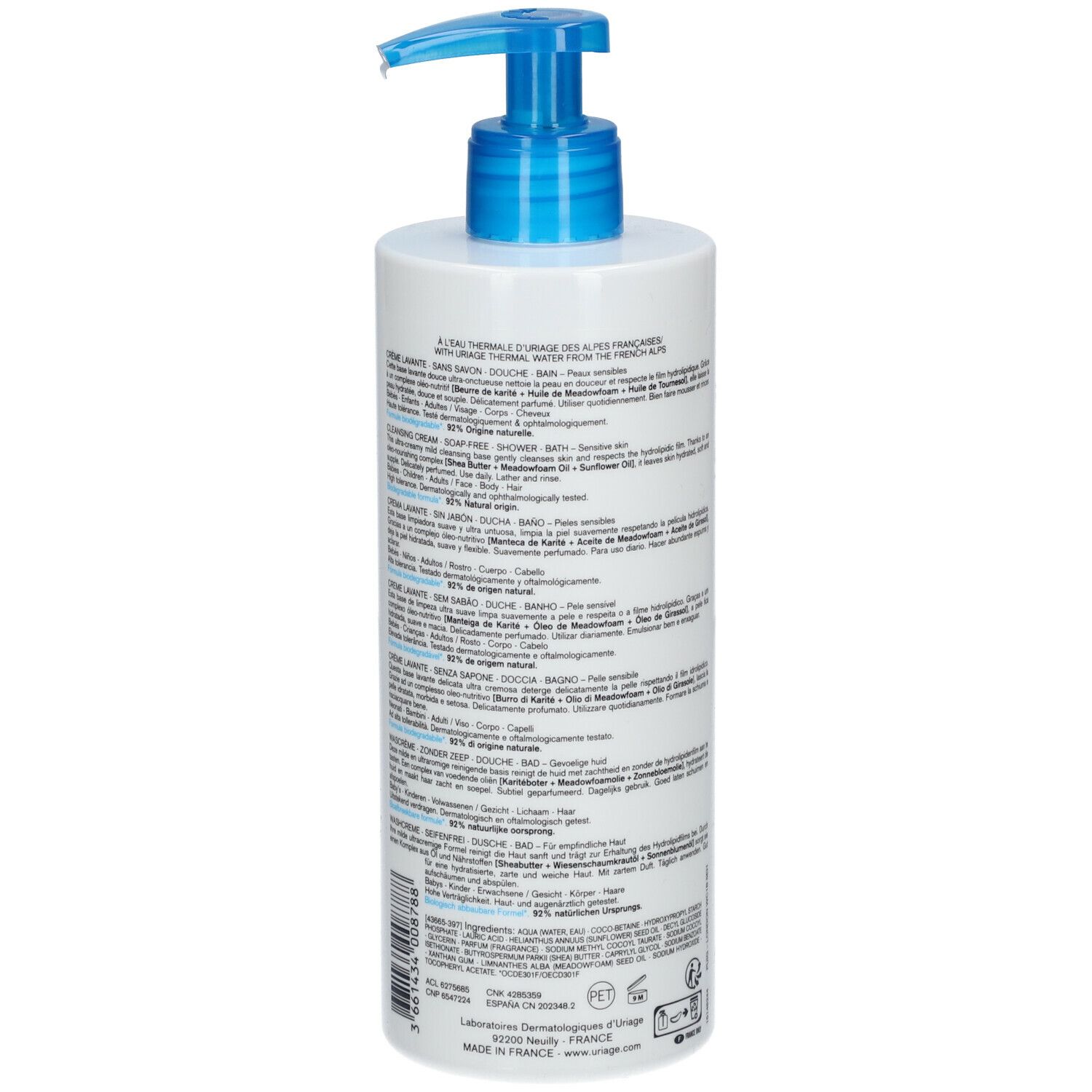 Achterkant van de witte dispenser met blauwe pomp. Tekst in meerdere talen.