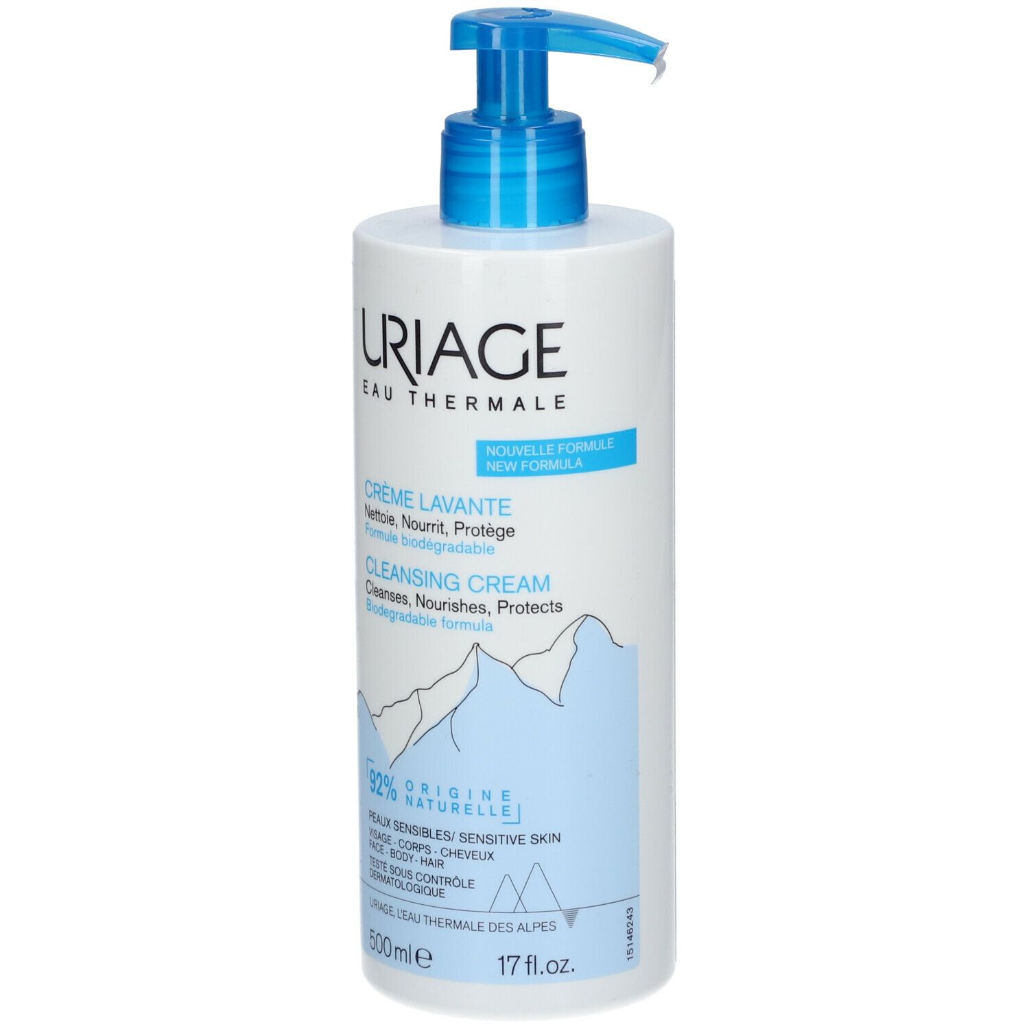Witte dispenser met blauwe pomp. Tekst: URIAGE, Crème Lavante, 500 ml, 17 fl.oz.