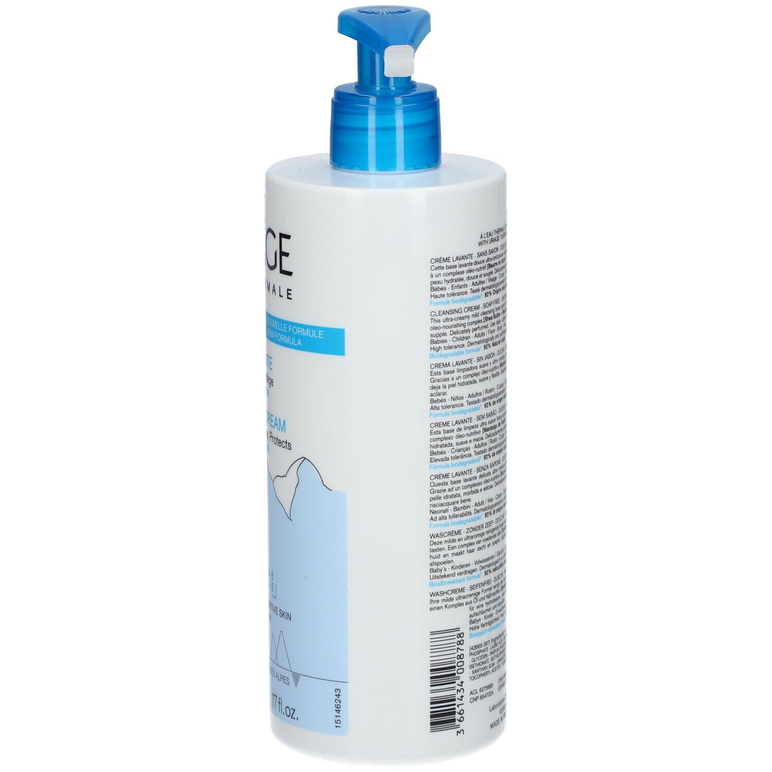 Achterkant van de witte dispenser met blauwe pomp. Tekst en logo's.
