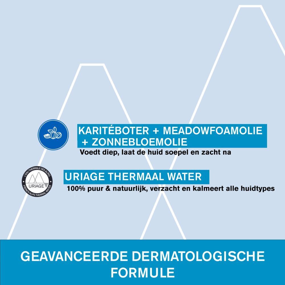 Grafiek met ingrediënten: Sheaboter, zonnebloemolie, Uriage Thermaal Water.