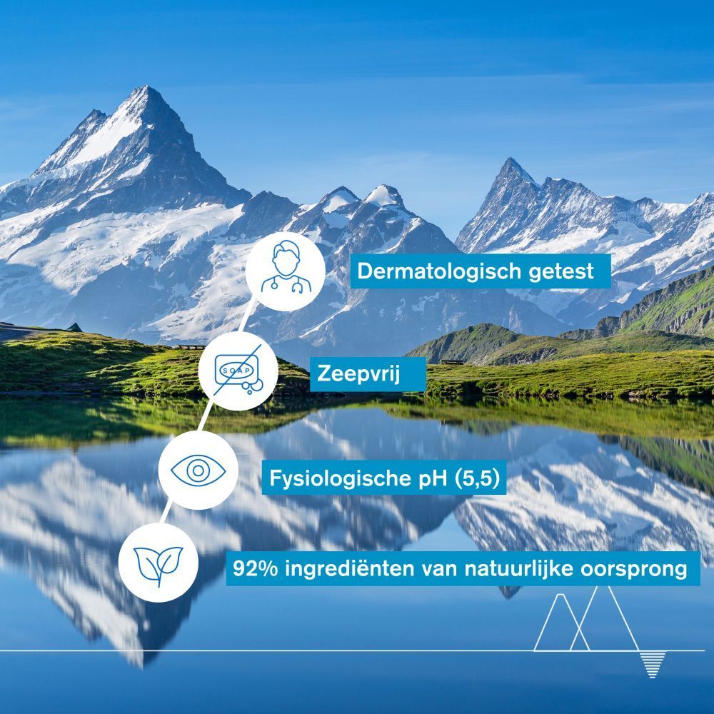 Landschap met bergen en meer. Tekst: Dermatologisch getest, zeepvrij, pH 5,5, 92% natuurlijke ingrediënten.