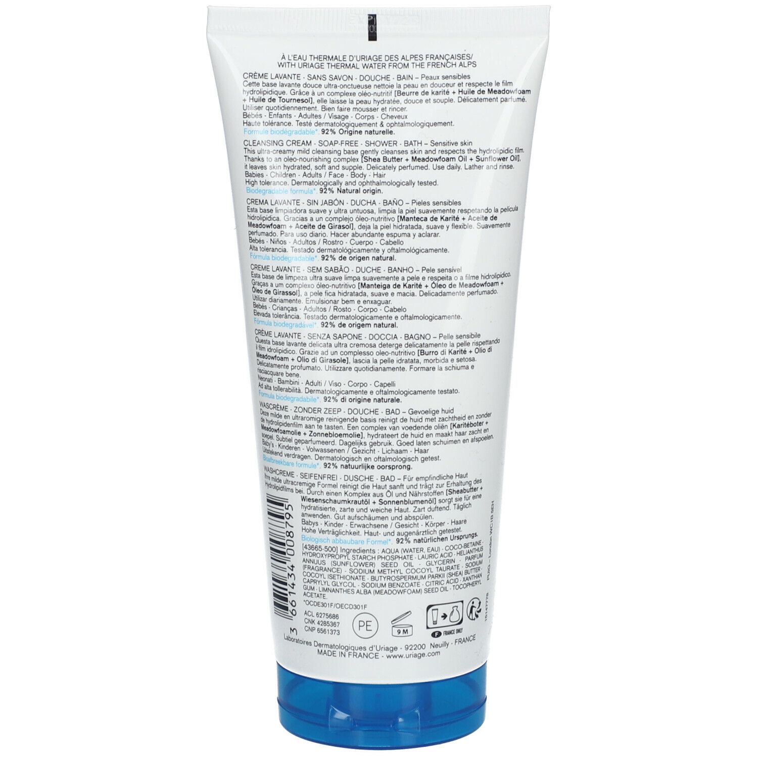 Achterkant van de witte tube. Meertalige tekst. Ingrediënten, gebruiksaanwijzing. 92% natuurlijke ingrediënten. Gemaakt in Frankrijk.