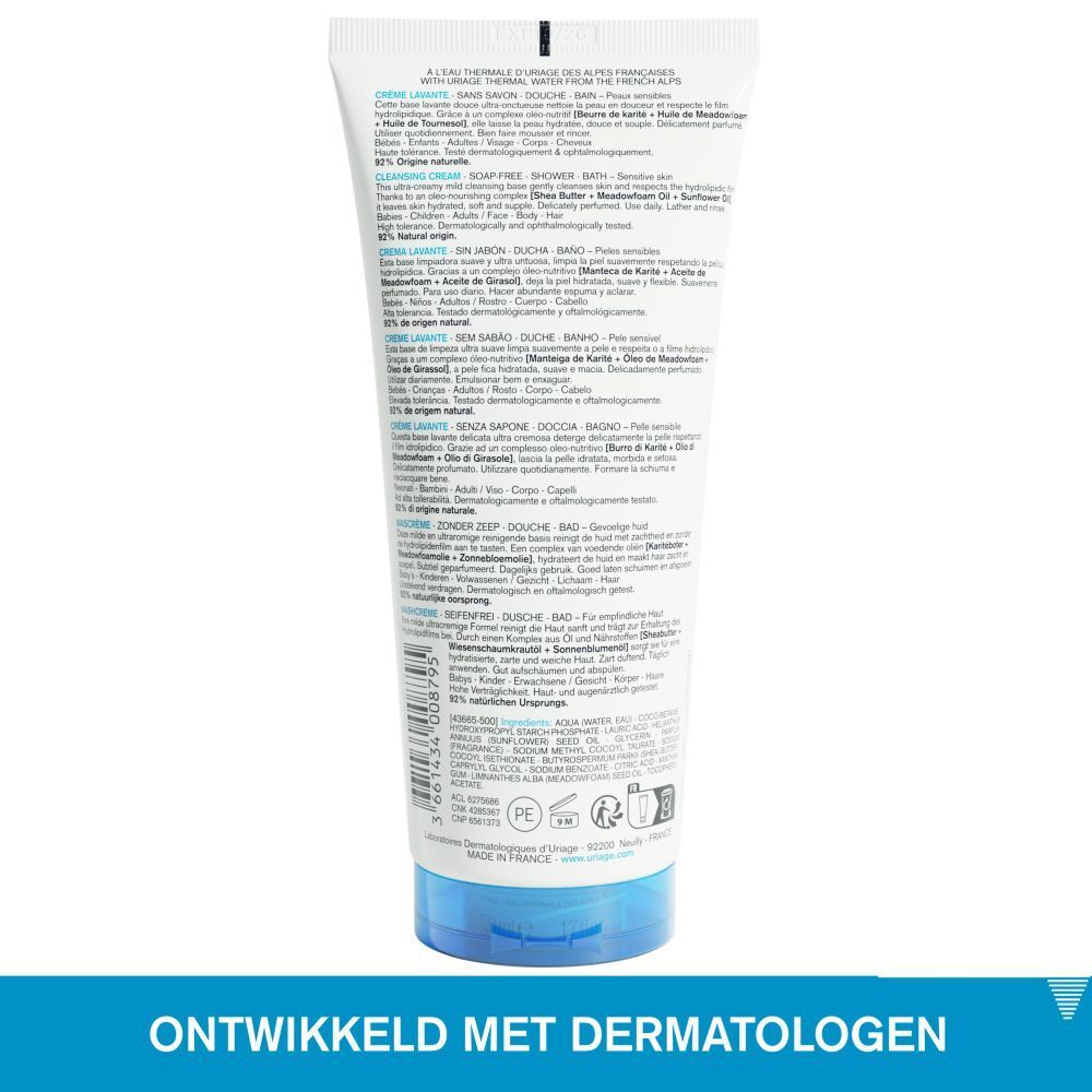 Achterkant van de witte tube. Meertalige tekst. Ingrediënten, gebruiksaanwijzing. 92% natuurlijke ingrediënten. Gemaakt in Frankrijk.