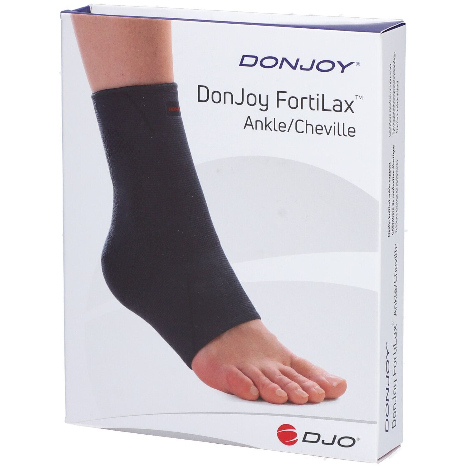 Attelle de cheville DonJoy FortiLax sur emballage. Attelle noire sur pied. Logo DJO.