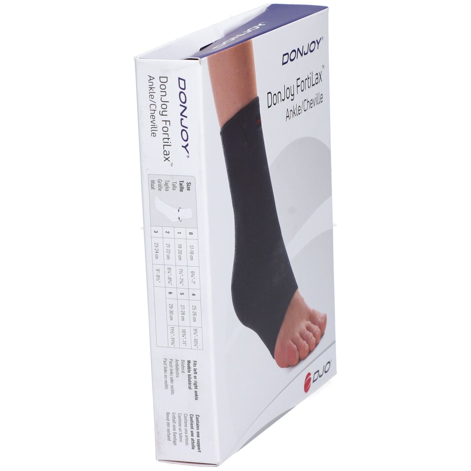Emballage de l'attelle de cheville DonJoy FortiLax. Attelle noire sur pied. Tableau des tailles.