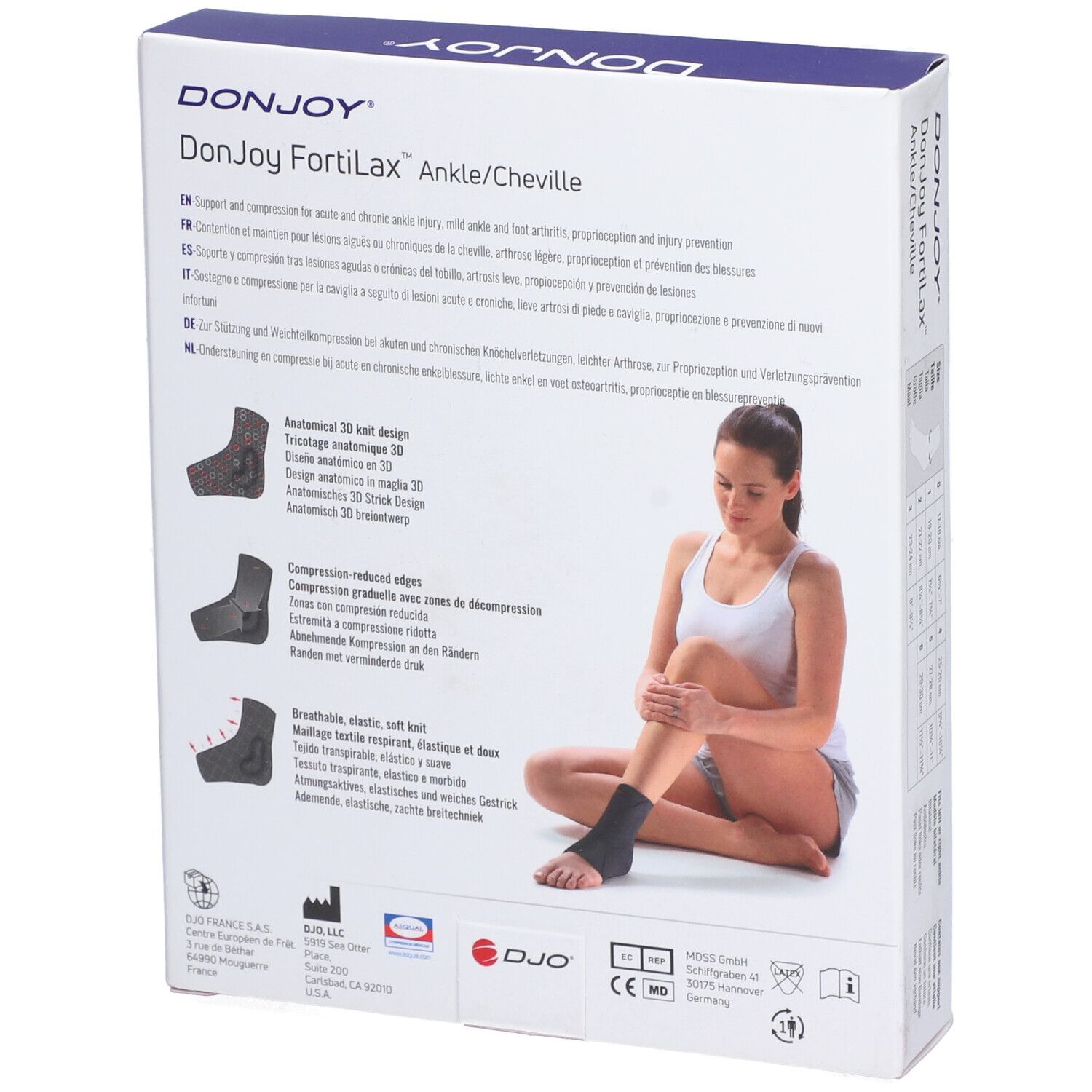 Dos de l'emballage de l'attelle de cheville DonJoy FortiLax. Illustrations du produit, femme avec attelle.