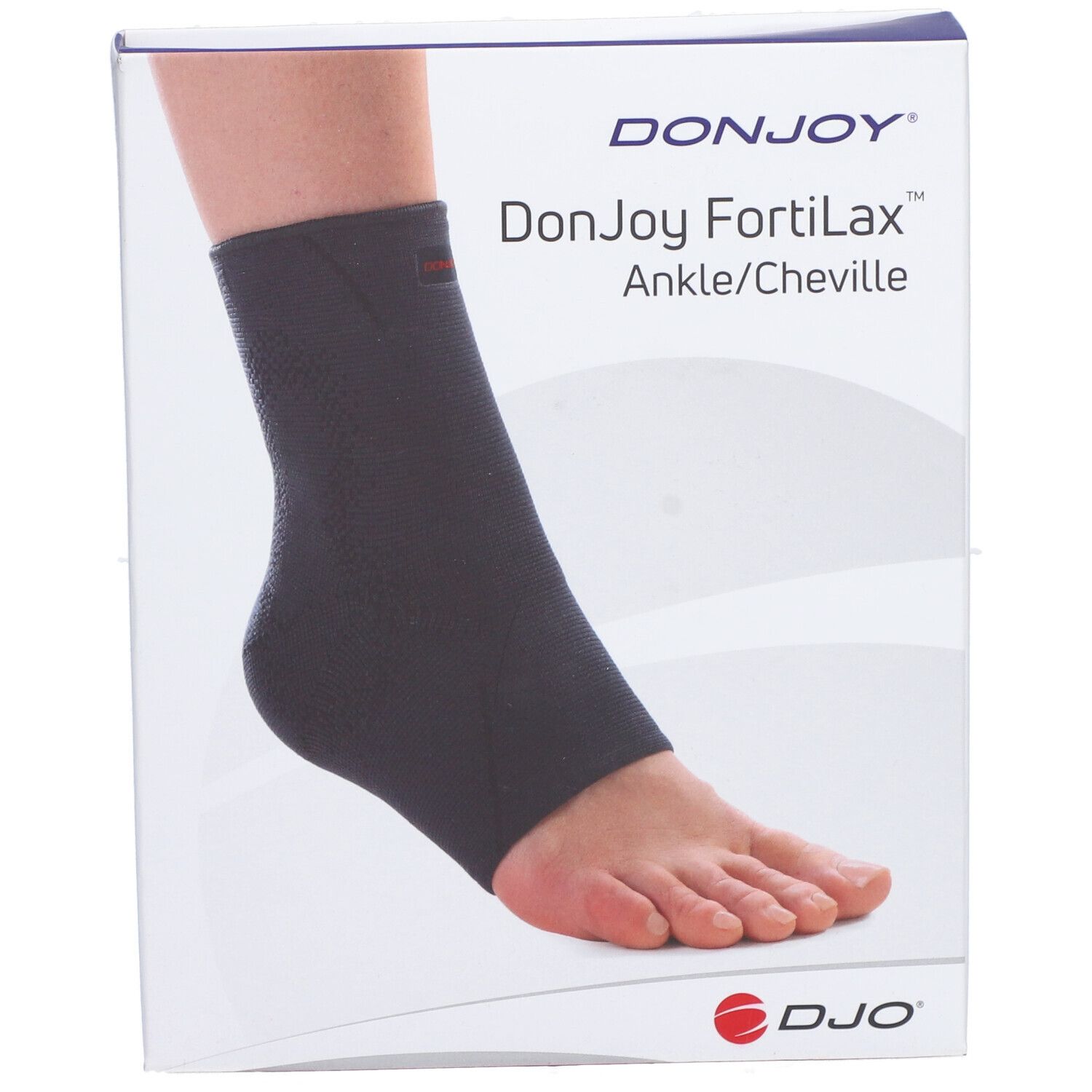 Attelle de cheville DonJoy FortiLax sur emballage. Attelle noire sur pied. Logo DJO.