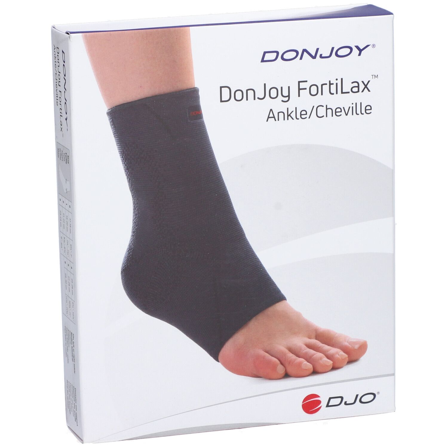 Attelle de cheville DonJoy FortiLax sur emballage. Attelle noire sur pied. Logo DJO.