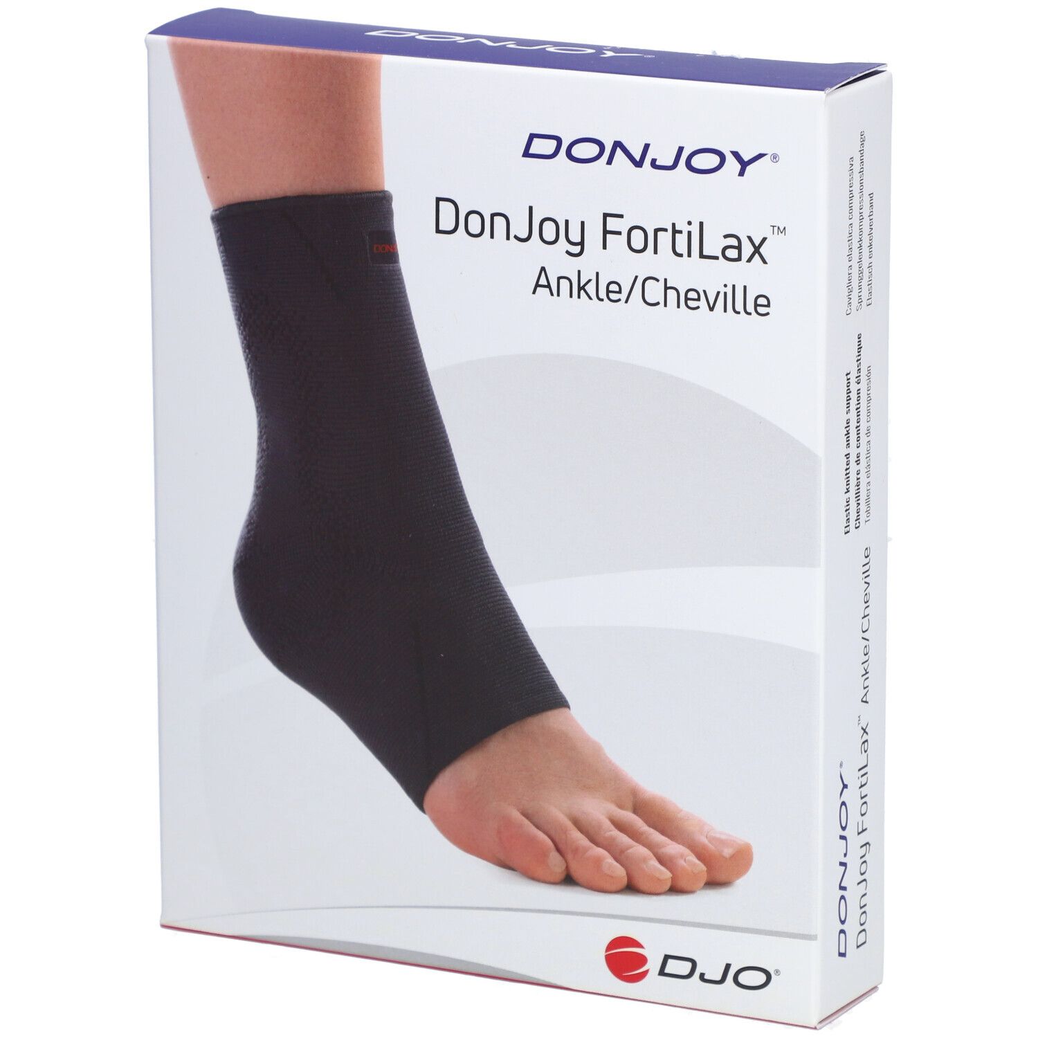 Attelle de cheville noire sur boîte. Marque DonJoy FortiLax. Ankle/Cheville. Logo DJO. Boîte avec image du produit.