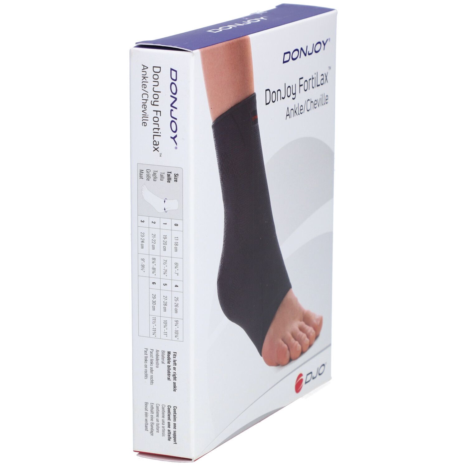 Boîte avec attelle de cheville noire. Marque DonJoy FortiLax. Ankle/Cheville. Informations de taille. Logo DJO. Image du produit.