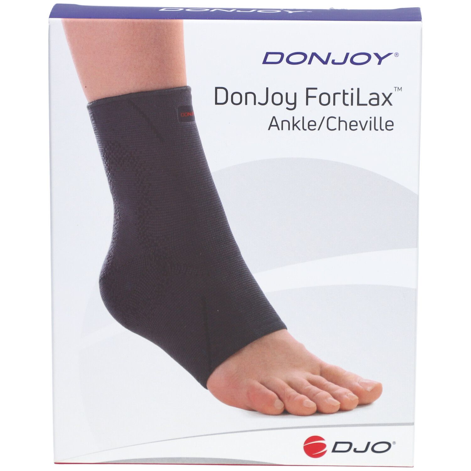 Attelle de cheville noire sur boîte. Marque DonJoy FortiLax. Ankle/Cheville. Logo DJO. Boîte avec image du produit.