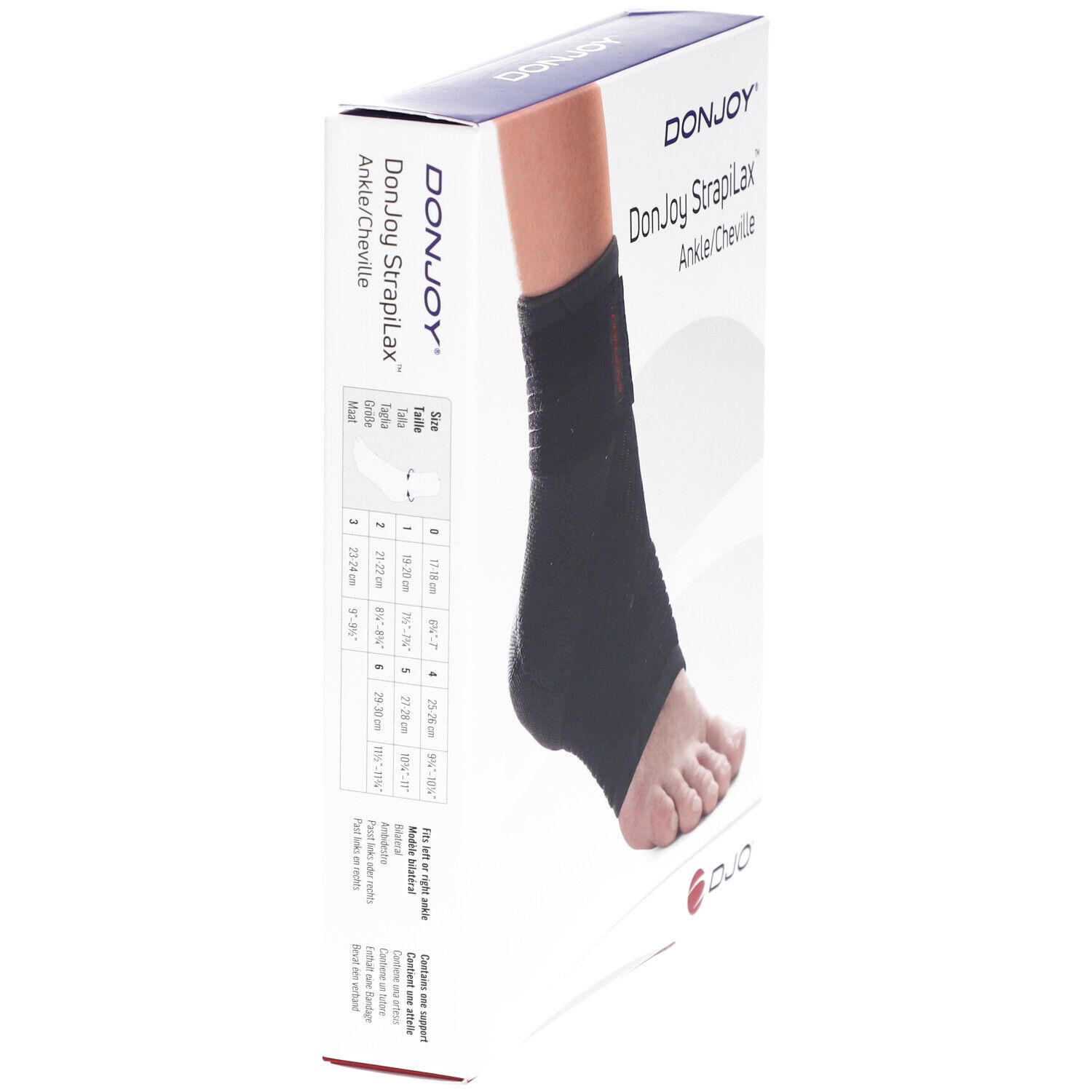Boîte DonJoy Strapilax Cheville Enfant. Attelle de cheville noire. Nom du produit et tailles sur l'emballage.