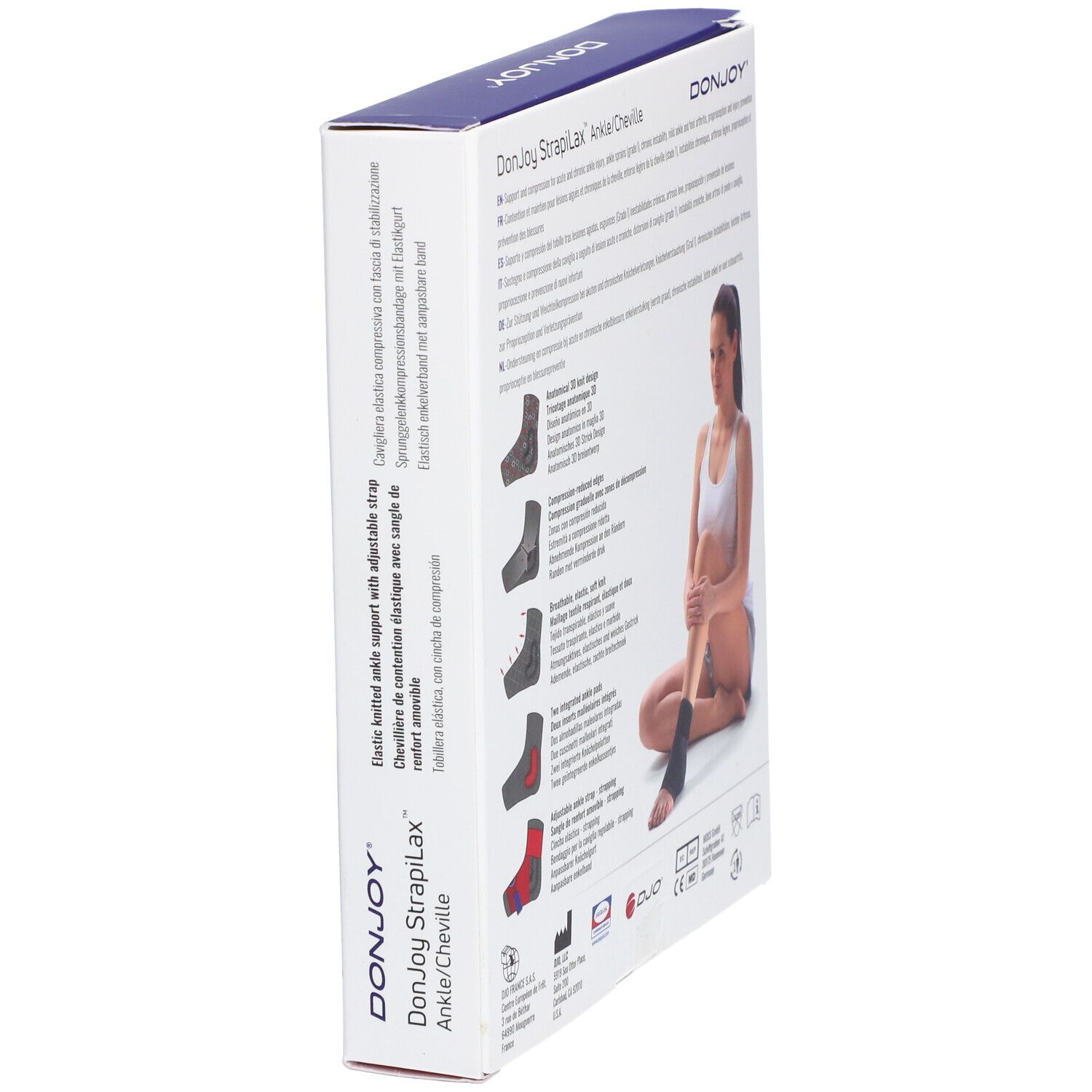 Boîte DonJoy Strapilax Cheville Enfant. Illustrations et informations sur le produit. Femme avec attelle.
