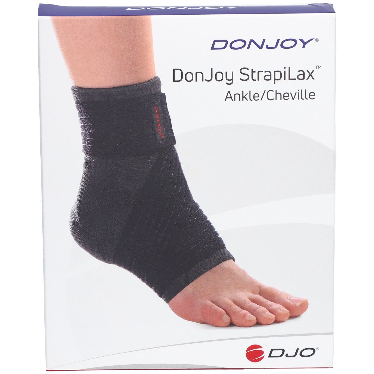 Boîte DonJoy Strapilax Cheville Enfant. Attelle de cheville noire sur un pied. Marque et nom du produit visibles.