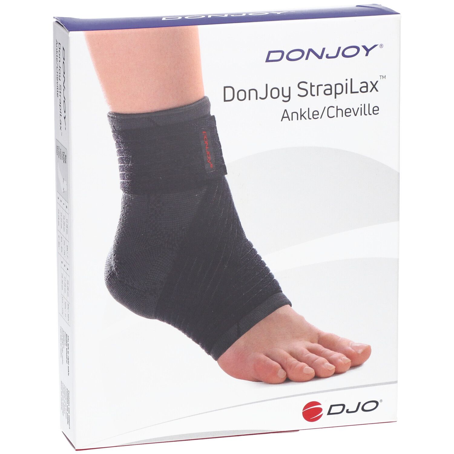 Boîte DonJoy Strapilax Cheville Enfant. Attelle de cheville noire sur un pied. Marque et nom du produit visibles.