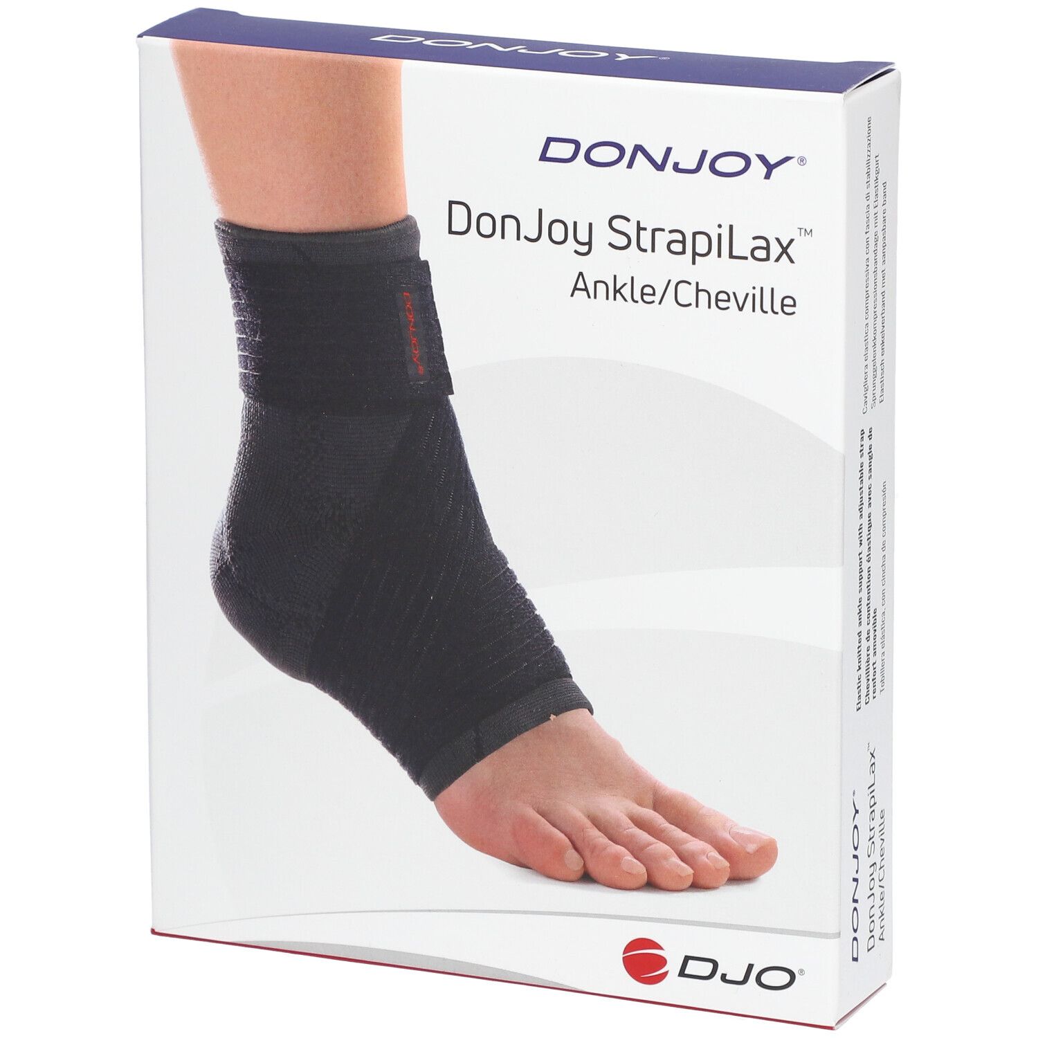 Attelle de cheville DonJoy Strapilax sur emballage. Attelle noire sur pied. Marque et nom du produit sur l'emballage.