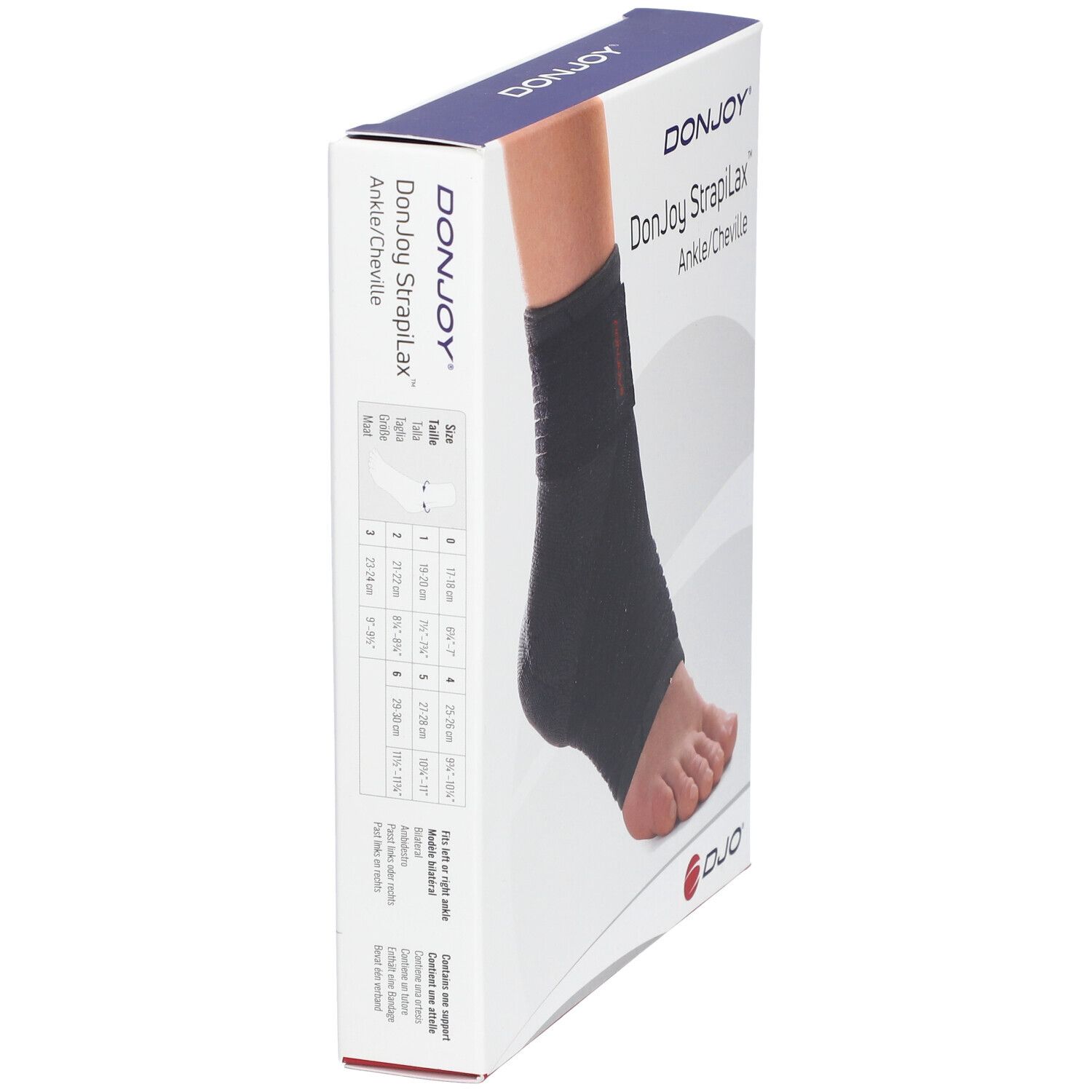 Emballage de l'attelle de cheville DonJoy Strapilax. Attelle noire représentée. Tailles et nom du produit sur l'emballage.