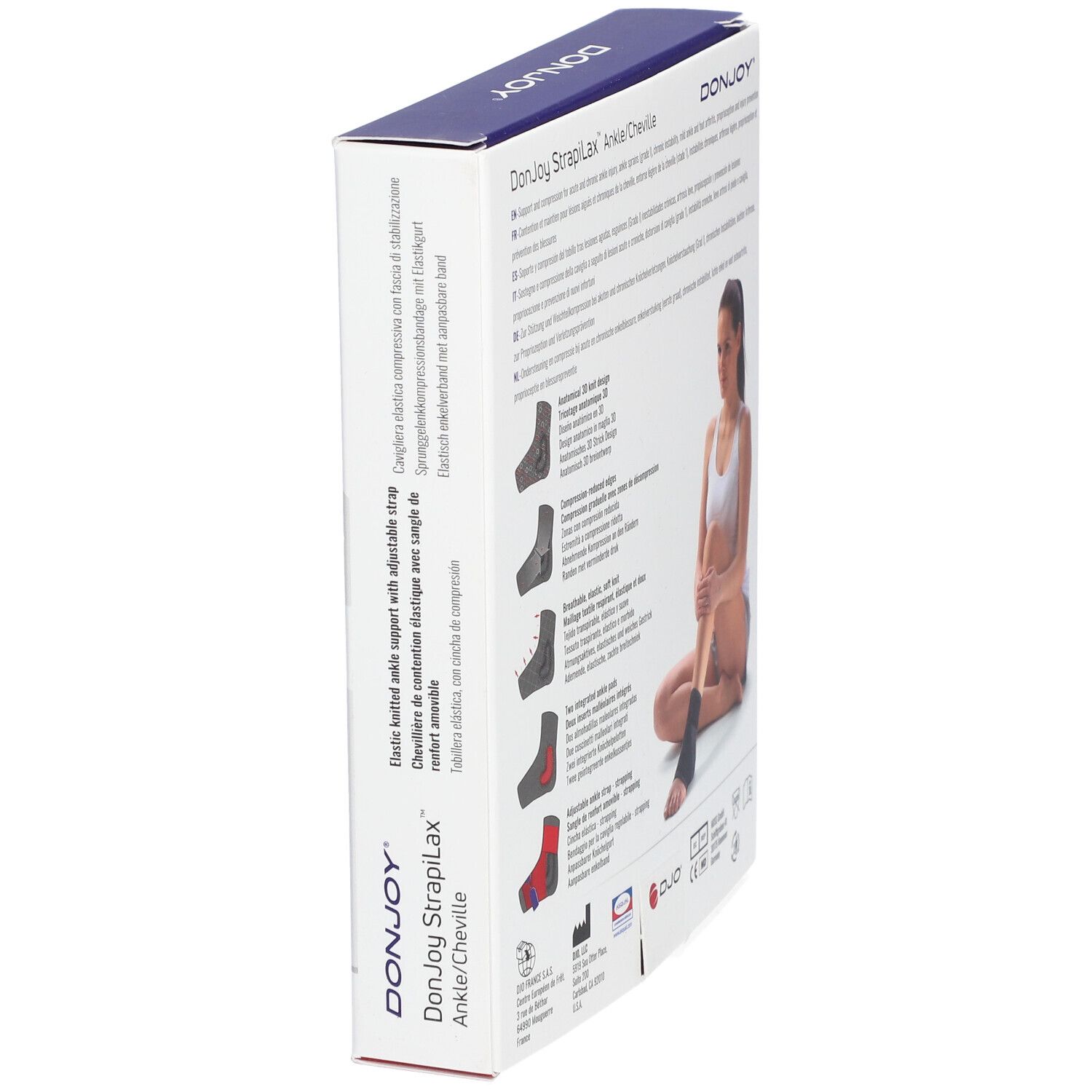 Emballage de l'attelle de cheville DonJoy Strapilax. Illustrations et informations sur le produit. Femme avec attelle.