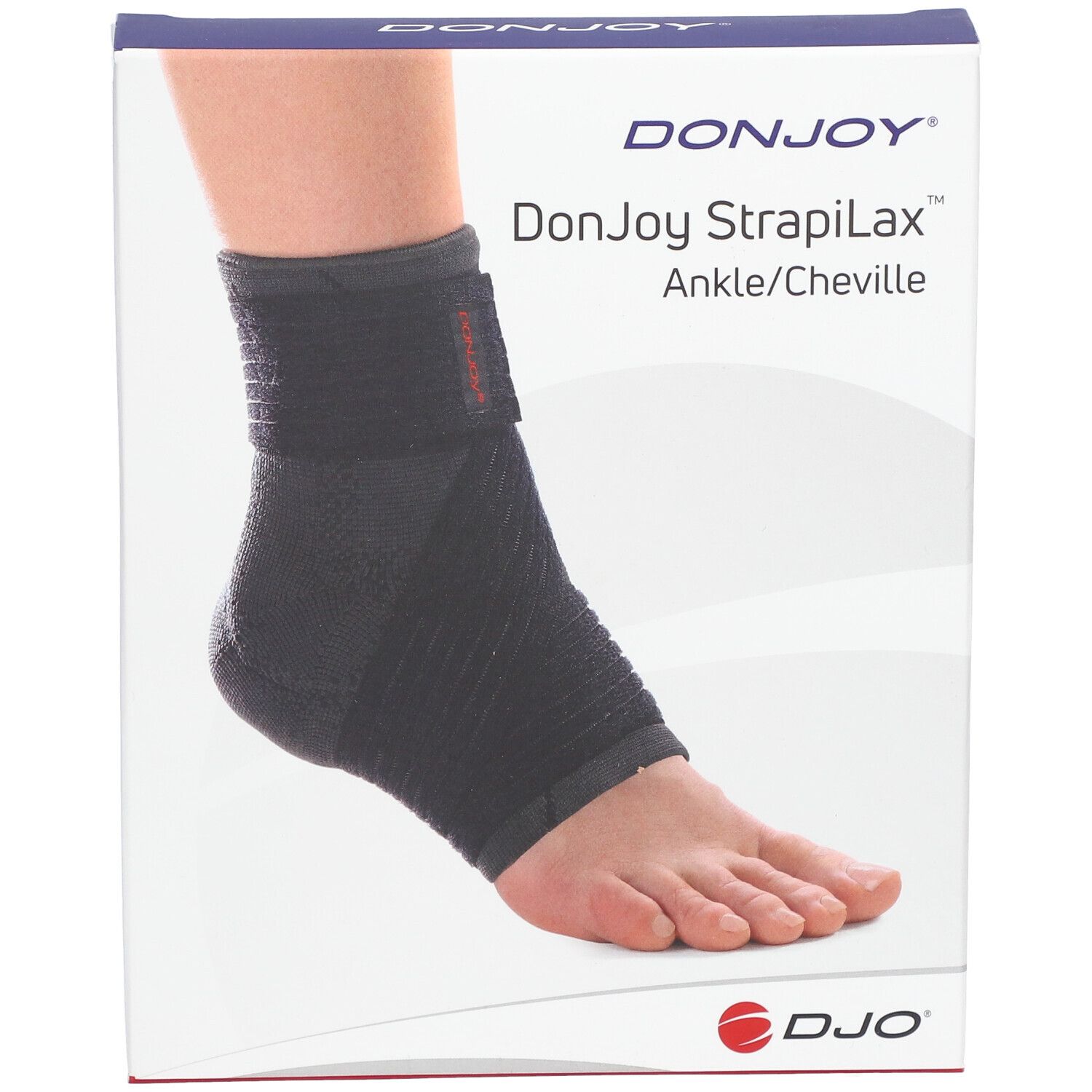Attelle de cheville DonJoy Strapilax sur emballage. Attelle noire sur pied. Marque et nom du produit sur l'emballage.