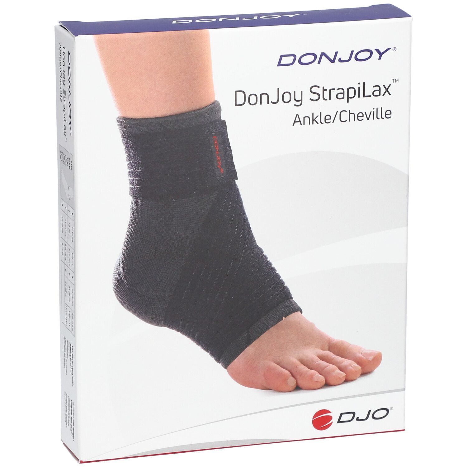 Attelle de cheville DonJoy Strapilax sur emballage. Attelle noire sur pied. Marque et nom du produit sur l'emballage.
