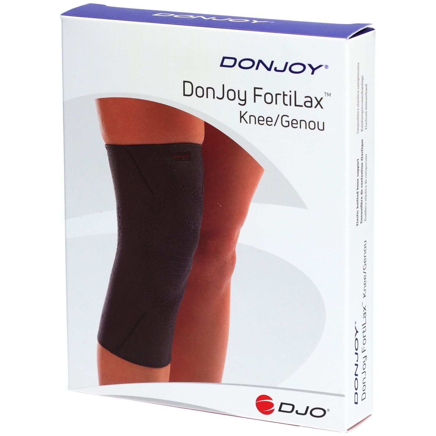 Genouillère DonJoy FortiLax dans emballage. Bandage noir sur jambe. Emballage avec nom du produit et logo.