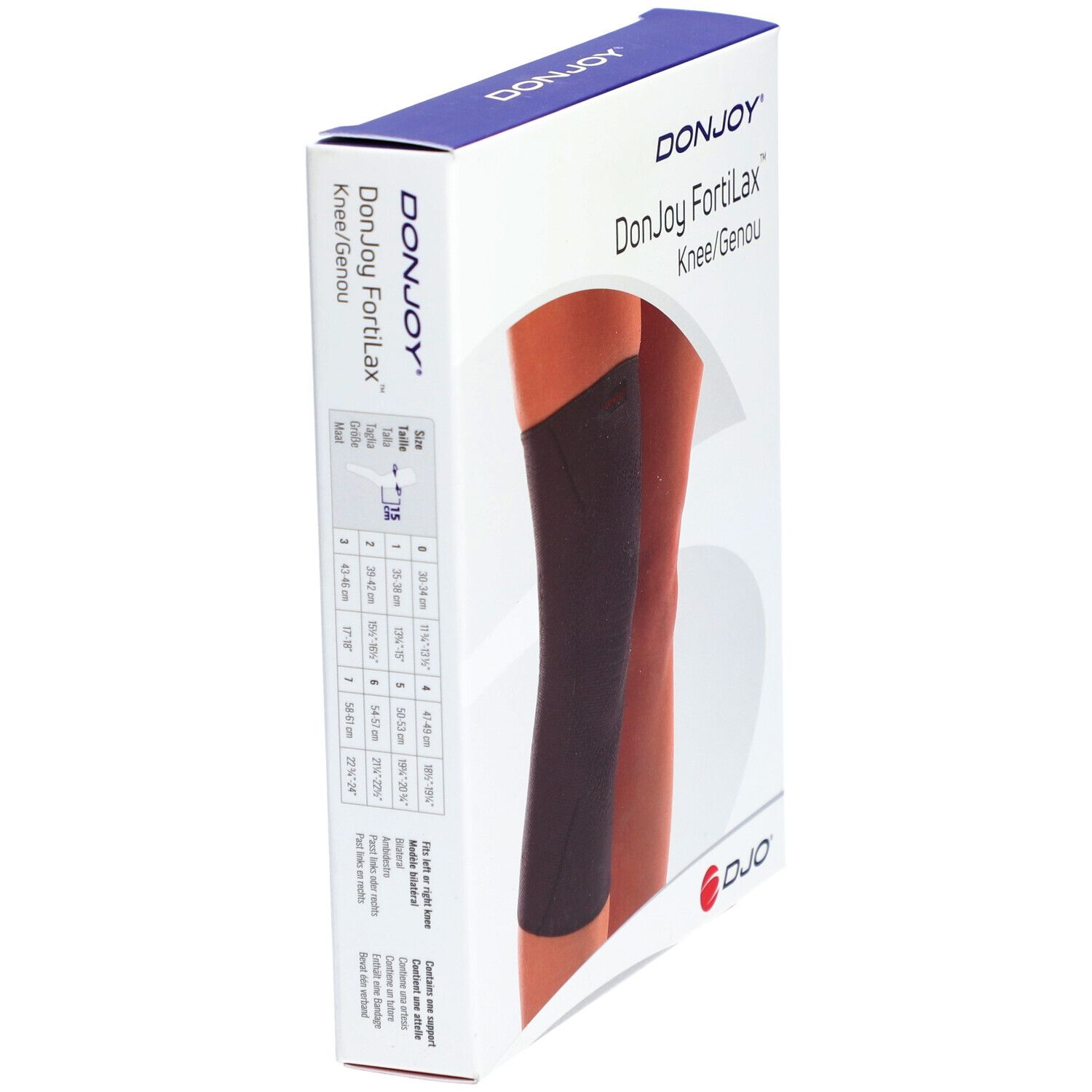 Emballage genouillère DonJoy FortiLax. Nom du produit et indications de taille. Bandage noir sur jambe.