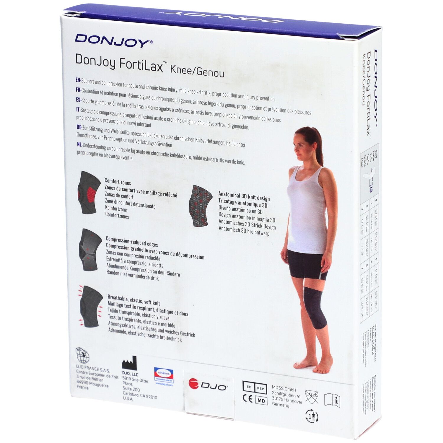 Dos de l'emballage de la genouillère DonJoy FortiLax. Informations produit et femme portant la genouillère.