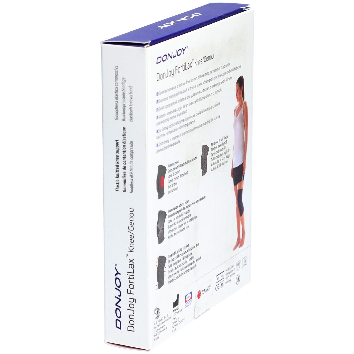 Emballage genouillère DonJoy FortiLax. Nom du produit et informations. Femme portant la genouillère.