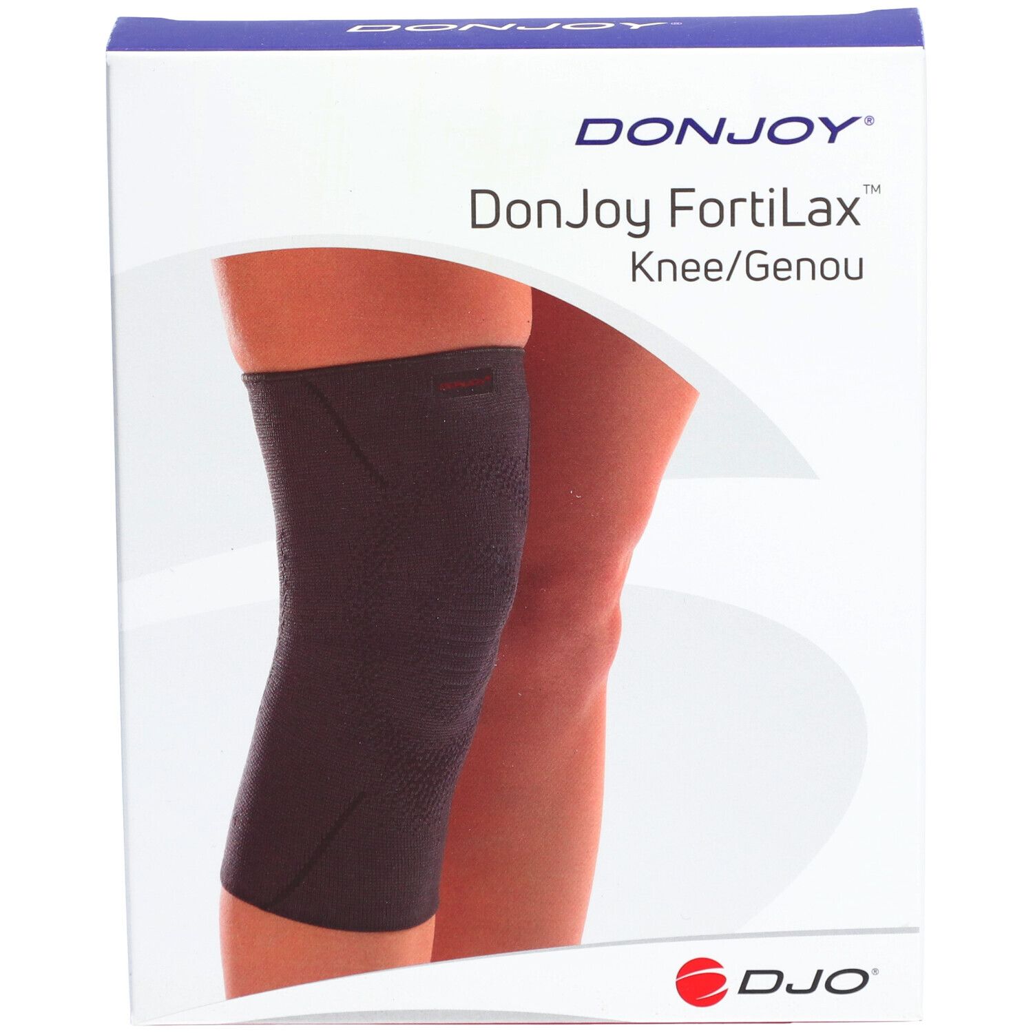 Genouillère DonJoy FortiLax dans emballage. Bandage noir sur jambe. Emballage avec nom du produit et logo.