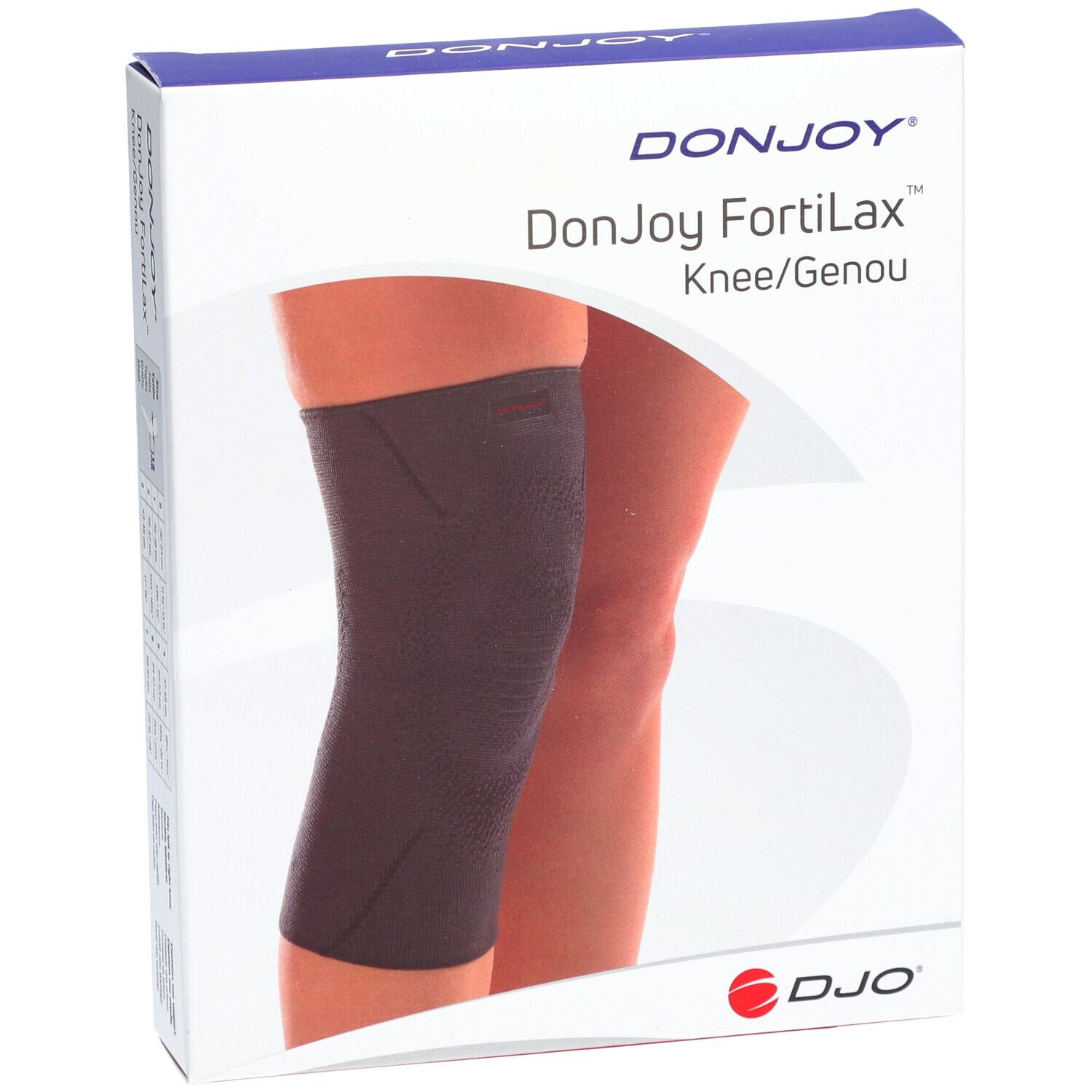 Genouillère DonJoy FortiLax dans emballage. Bandage noir sur jambe. Emballage avec nom du produit et logo.