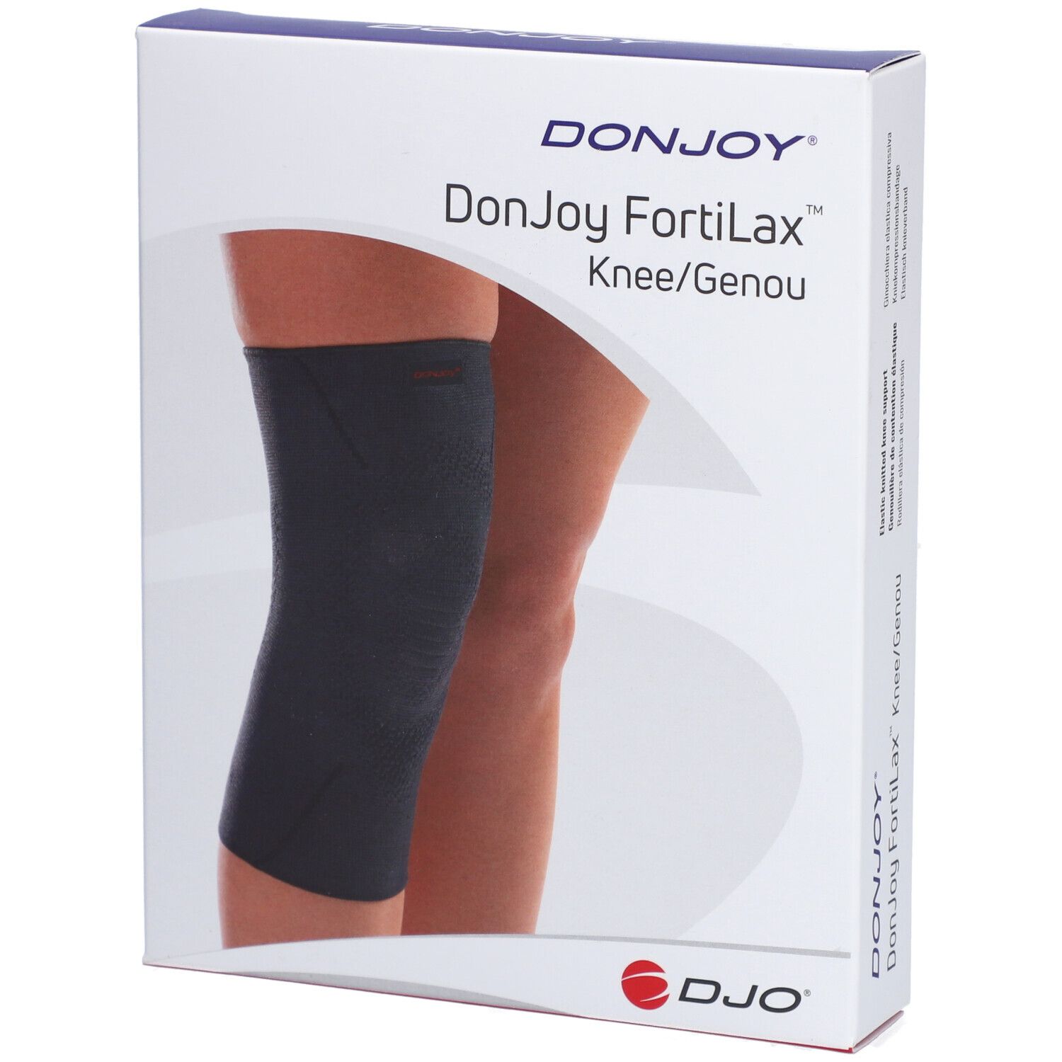 Genouillère grise foncée dans son emballage. Marque DonJoy FortiLax. Inscription : Knee/Genou. Logo DJO.