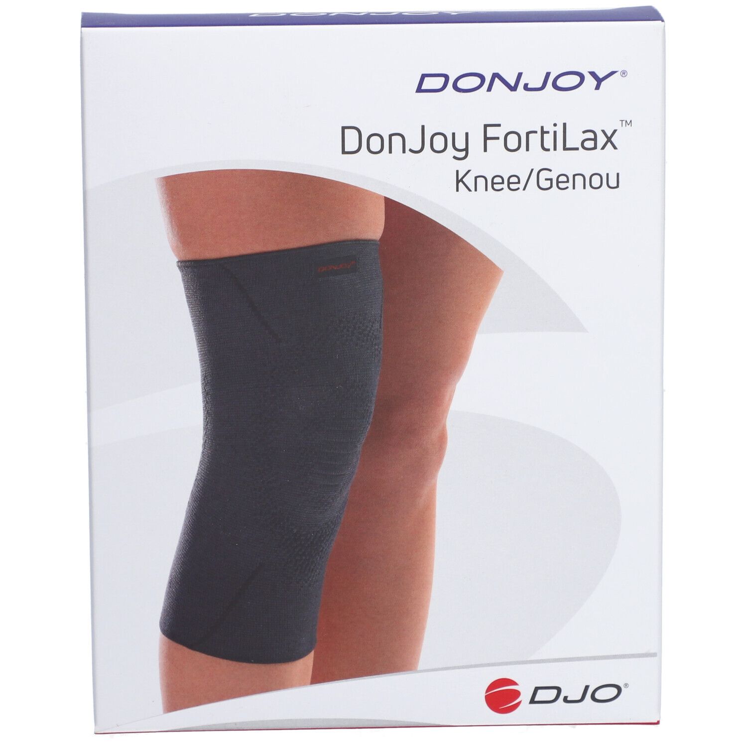 Genouillère grise foncée dans son emballage. Marque DonJoy FortiLax. Inscription : Knee/Genou. Logo DJO.