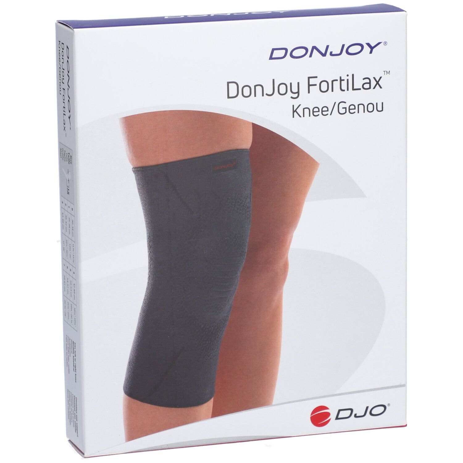 Genouillère grise foncée dans son emballage. Marque DonJoy FortiLax. Inscription : Knee/Genou. Logo DJO.