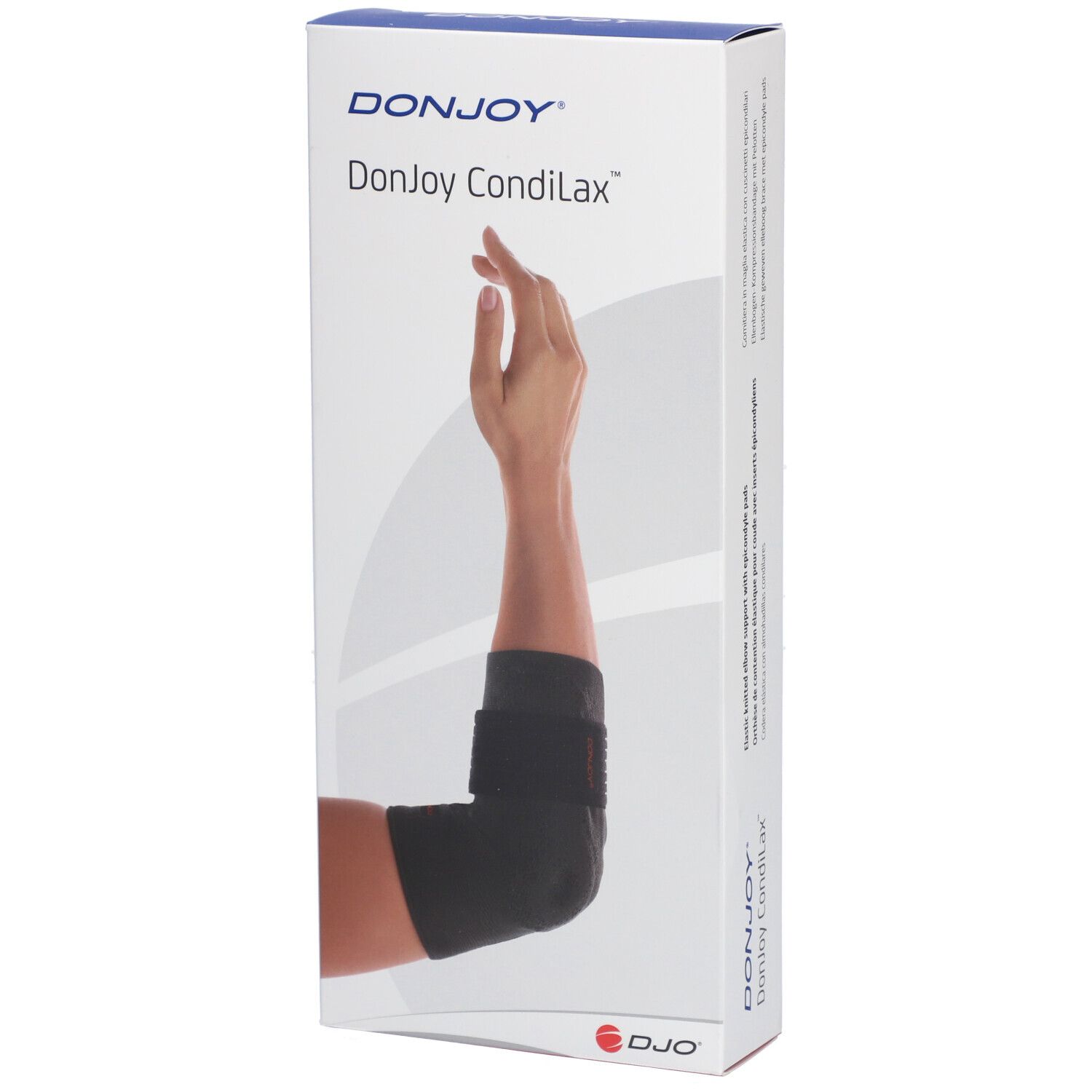 Boîte DonJoy CondiLax. Un bras avec une attelle de coude noire est visible. La marque et le nom du produit sont affichés.