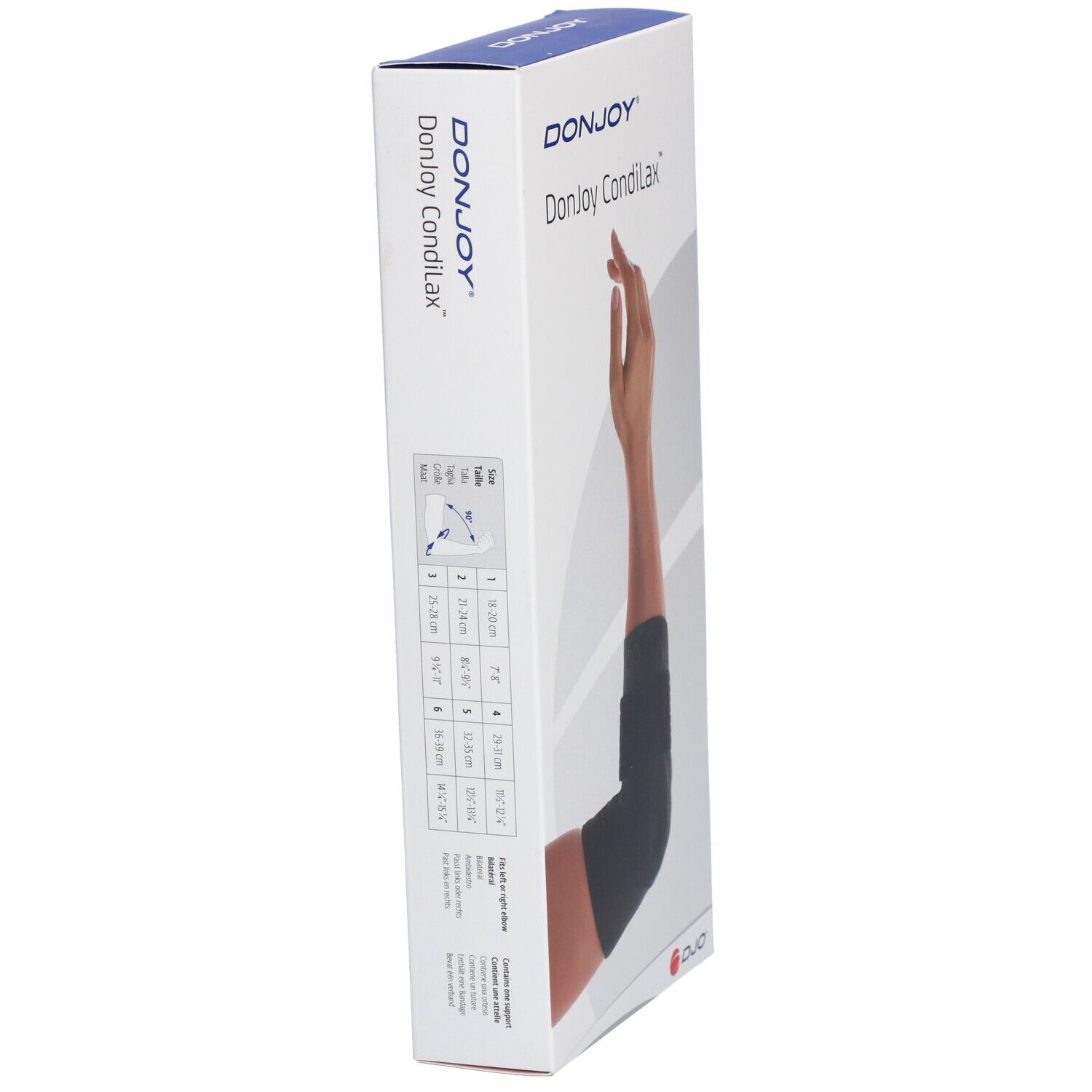 Vue latérale de la boîte DonJoy CondiLax. Nom du produit et informations de taille visibles. Un bras avec attelle est illustré.